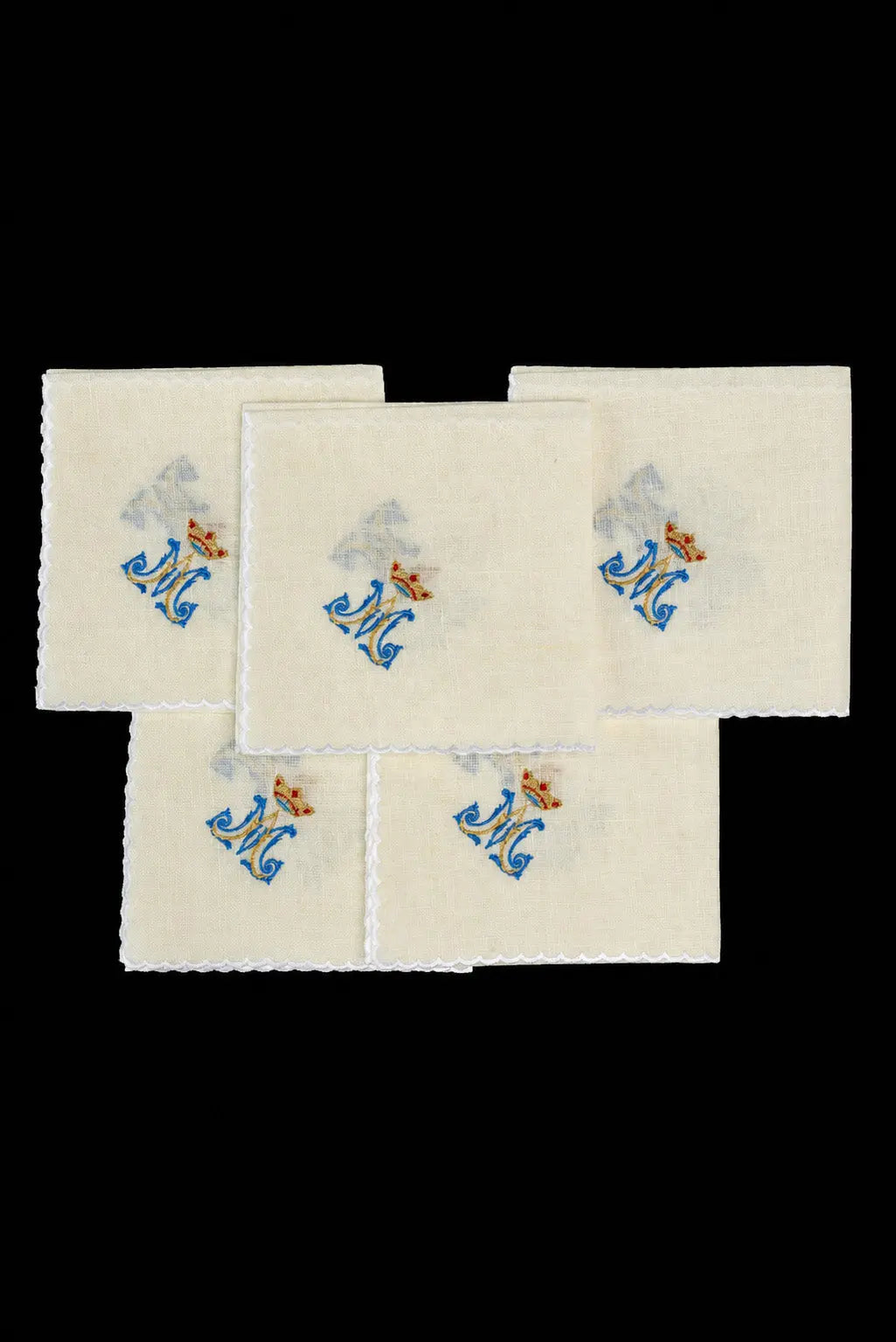 Set di 5 corporali di lino con monogramma mariano coronato