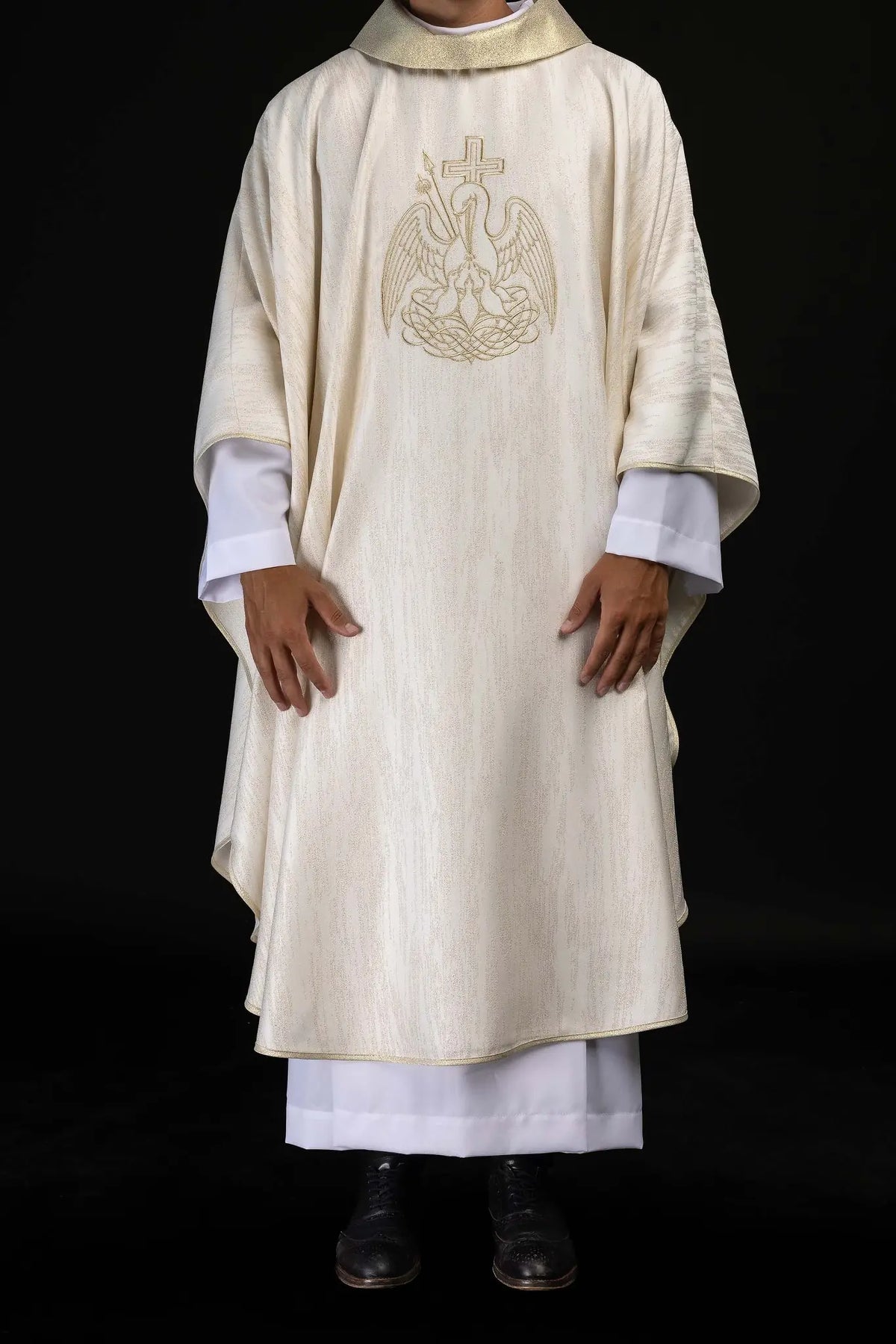 Ecru Chasuble for Christmas and Easter with Embroidered Eucharistic Pelican, front view