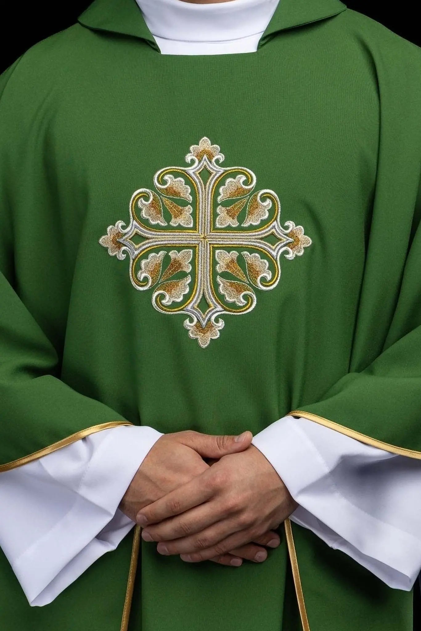 Green Embroidered Chasuble with Ornamental Cross and Wide Collar