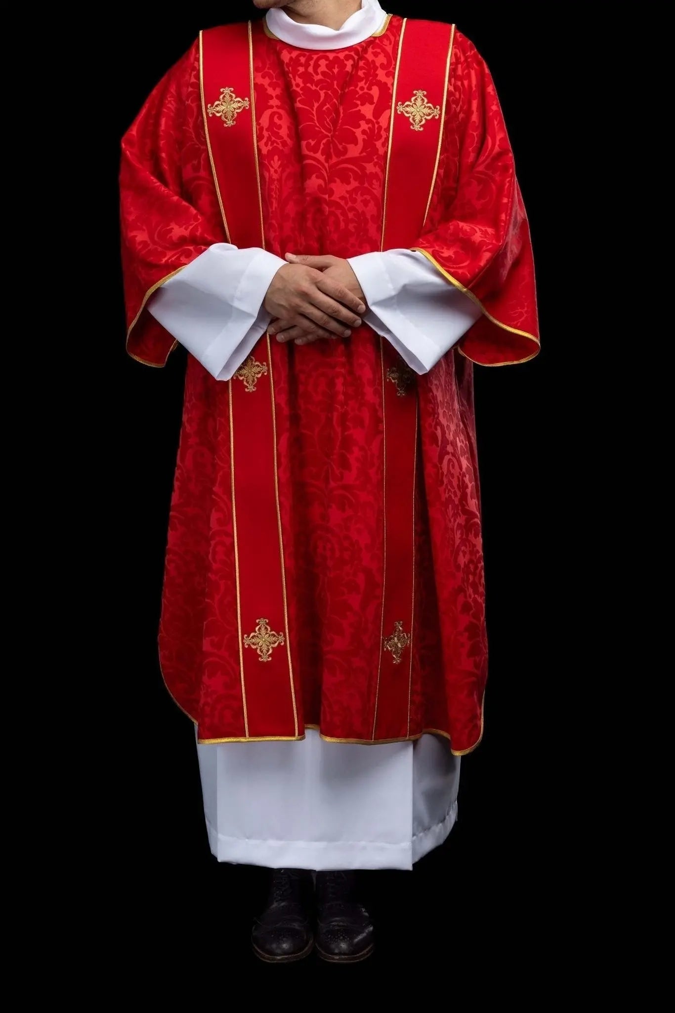 Red Jacquard Dalmatic with Gold Cross Embroidery