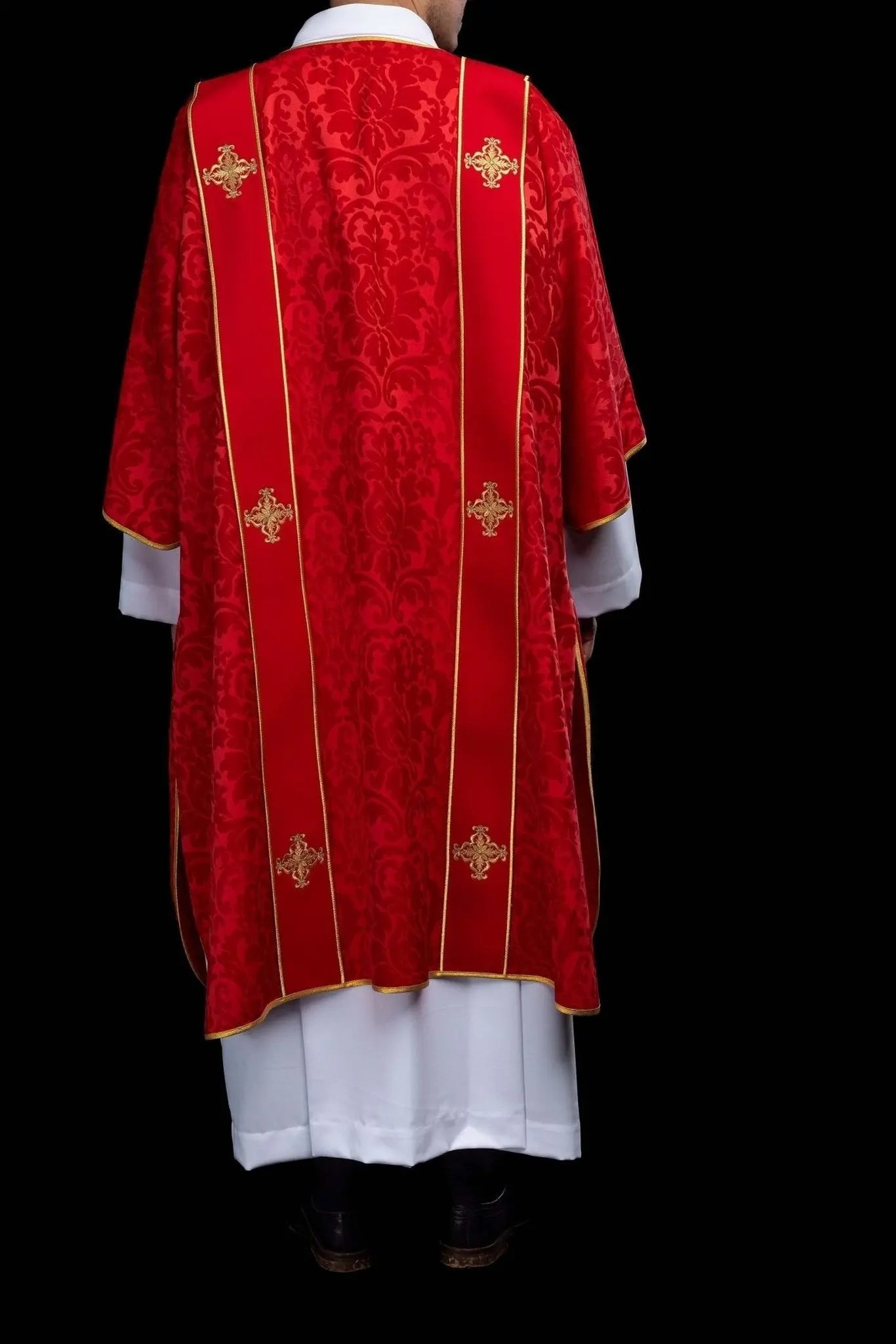 Red Jacquard Dalmatic with Gold Cross Embroidery