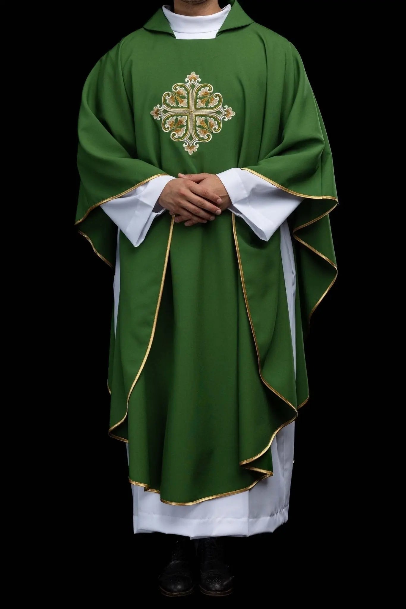Green Embroidered Chasuble with Ornamental Cross and Wide Collar