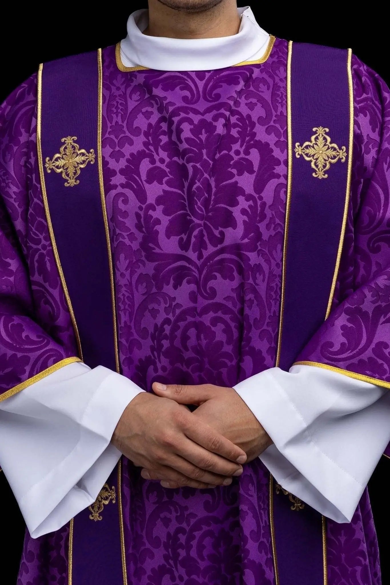 Purple Jacquard Dalmatic with Gold Cross Embroidery