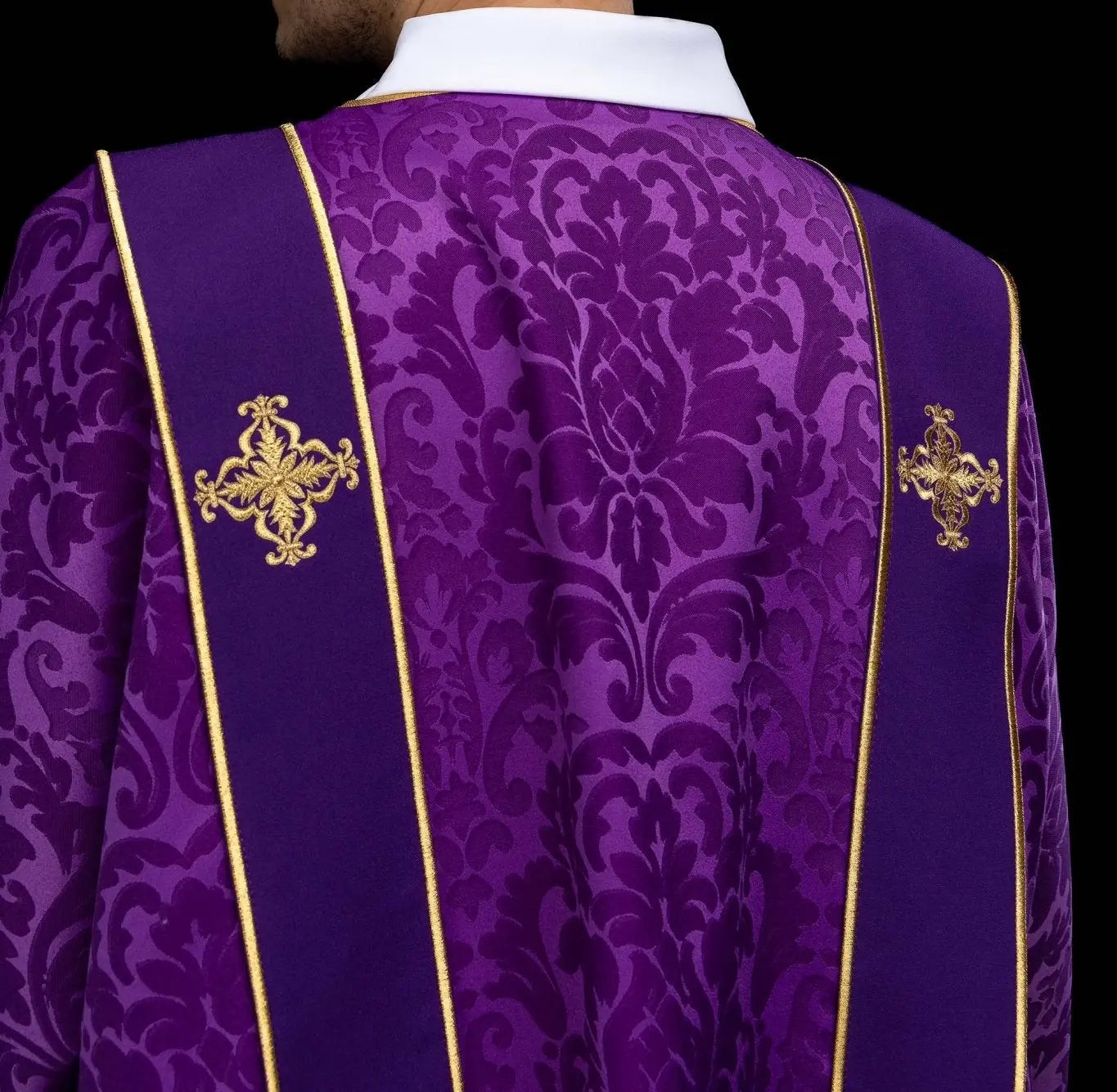 Purple Jacquard Dalmatic with Gold Cross Embroidery