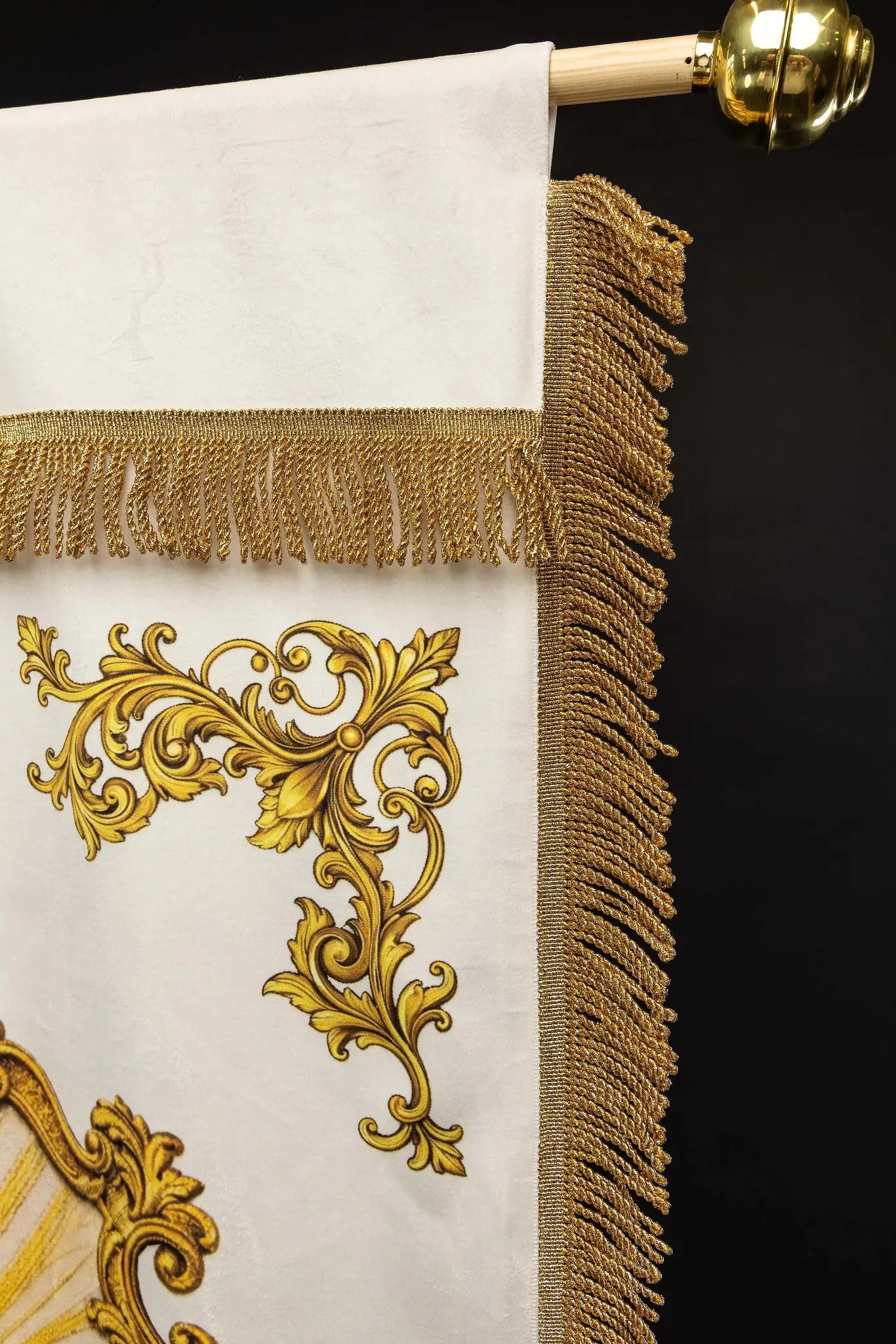 Double-sided printed processional banner featuring the Sacred Heart of Jesus on one side and the IHS symbol on the other, with gold ornamentation.
