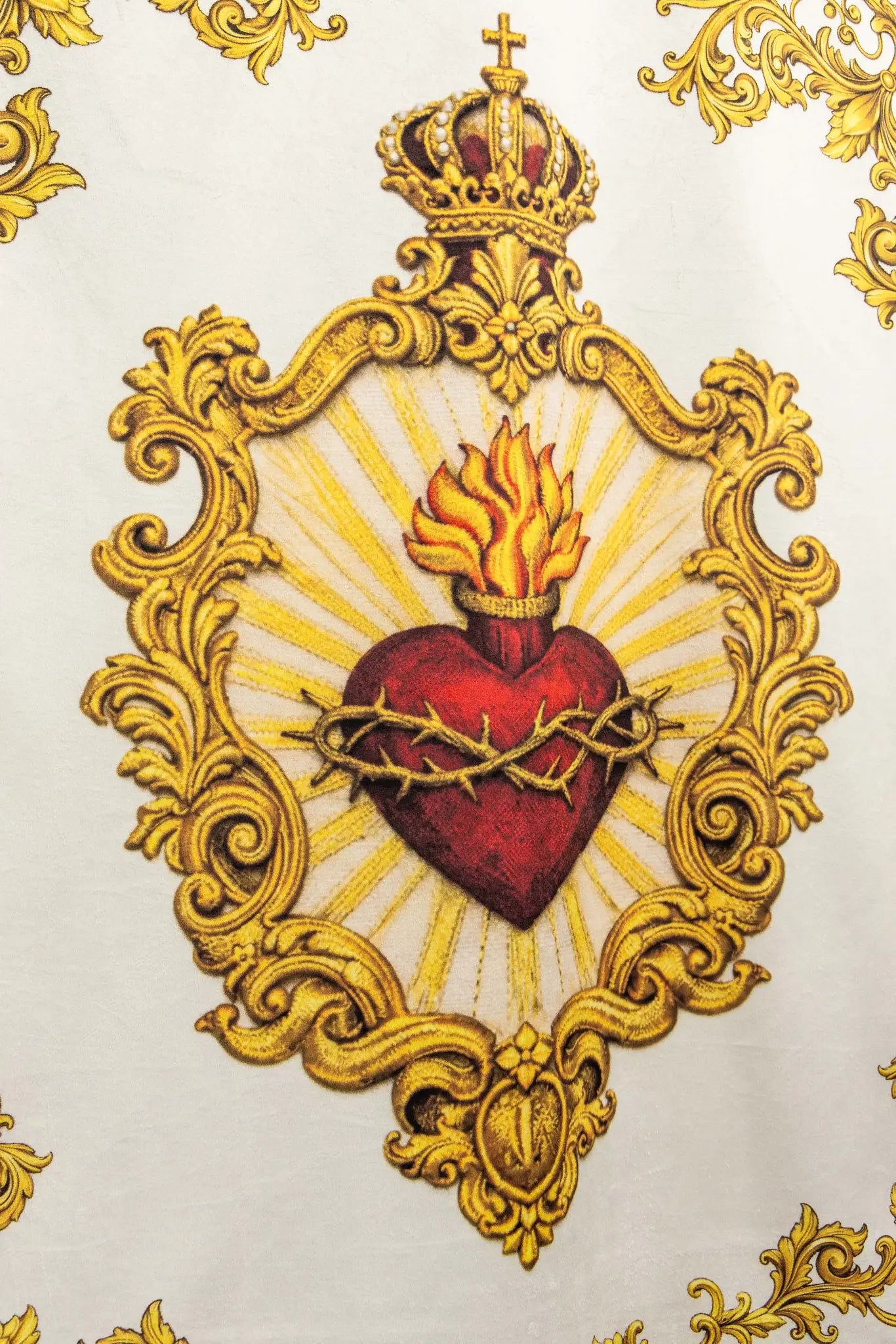 Double-sided printed processional banner featuring the Sacred Heart of Jesus on one side and the IHS symbol on the other, with gold ornamentation.