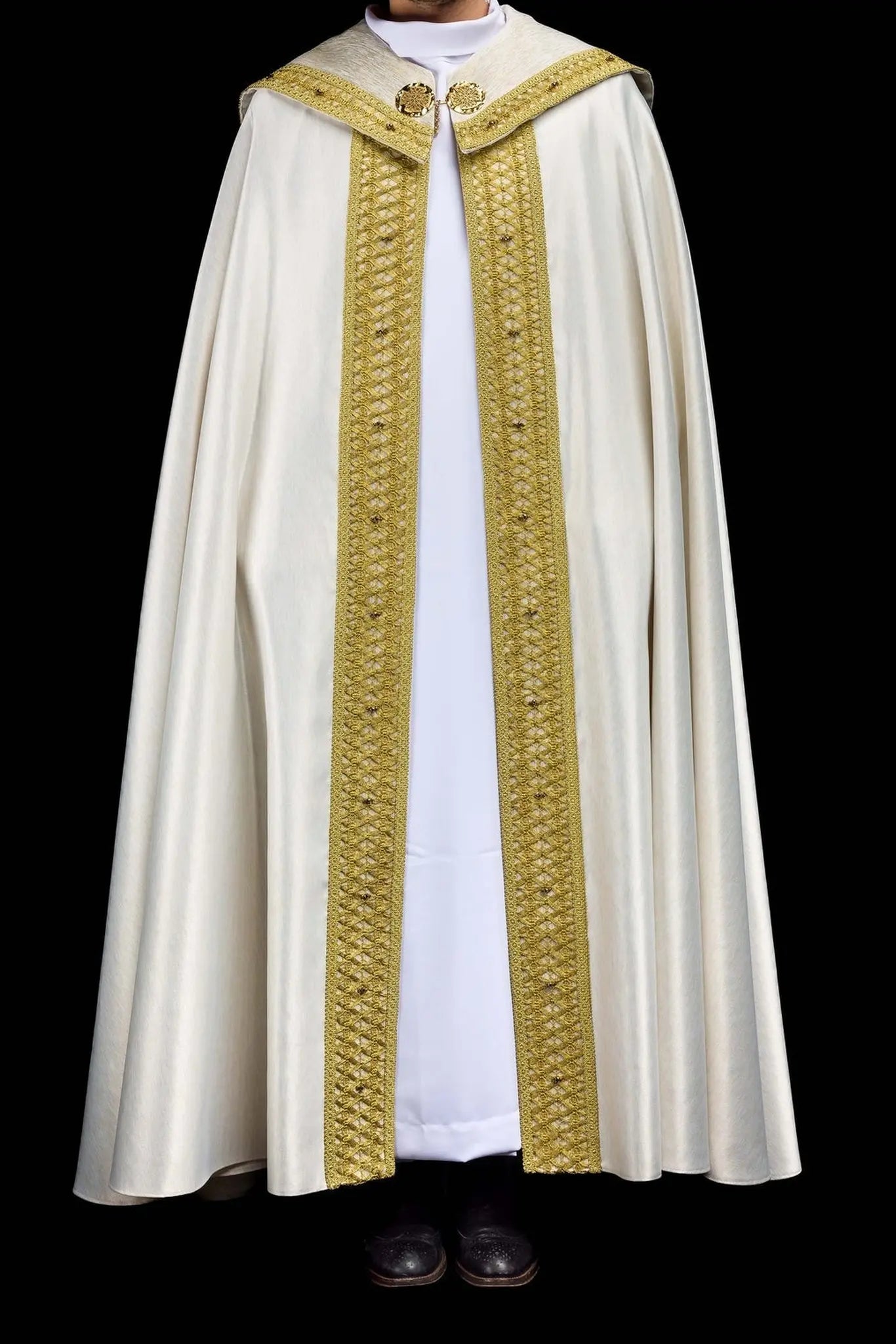 Handmade Ecru Cope with Gold Trims and Cross