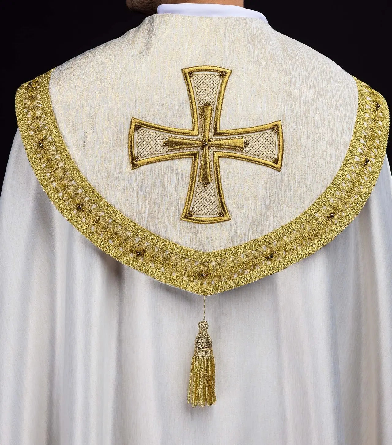 Handmade Ecru Cope with Gold Trims and Cross