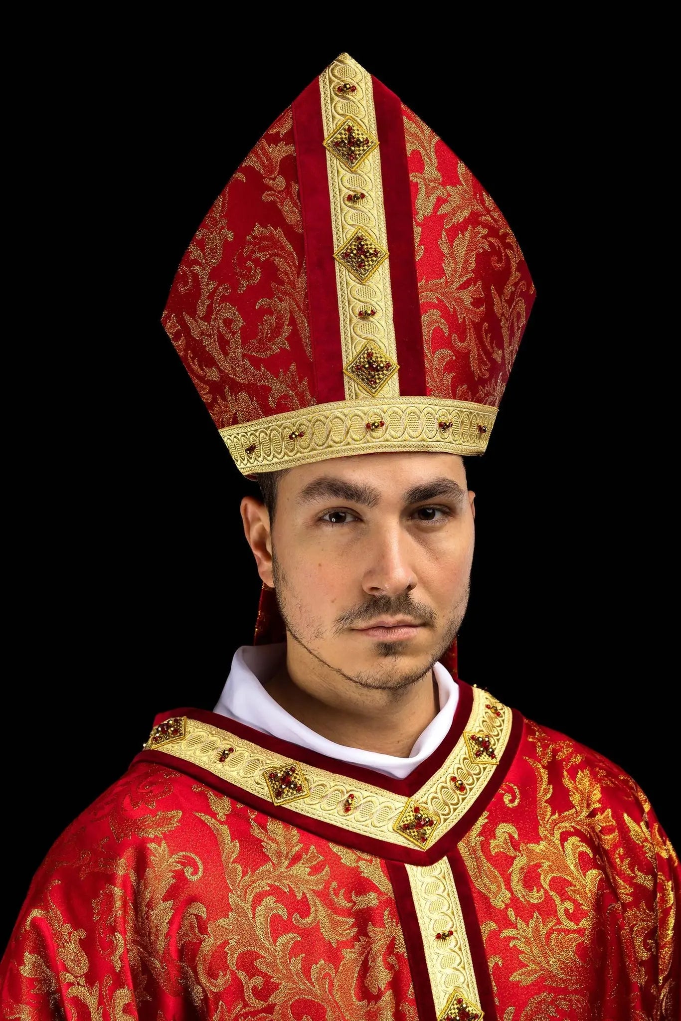 Handmade Red Bishop’s Mitre with Natural Stones and Gold Detailing