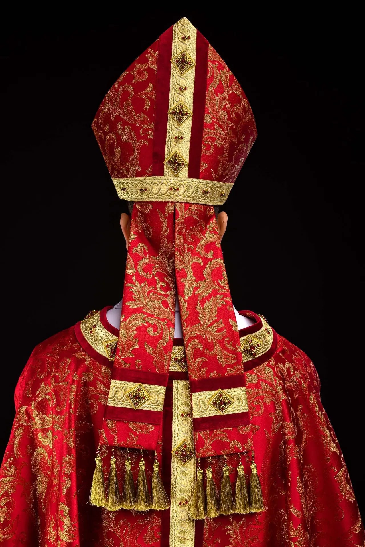 Handmade Red Bishop’s Mitre with Natural Stones and Gold Detailing