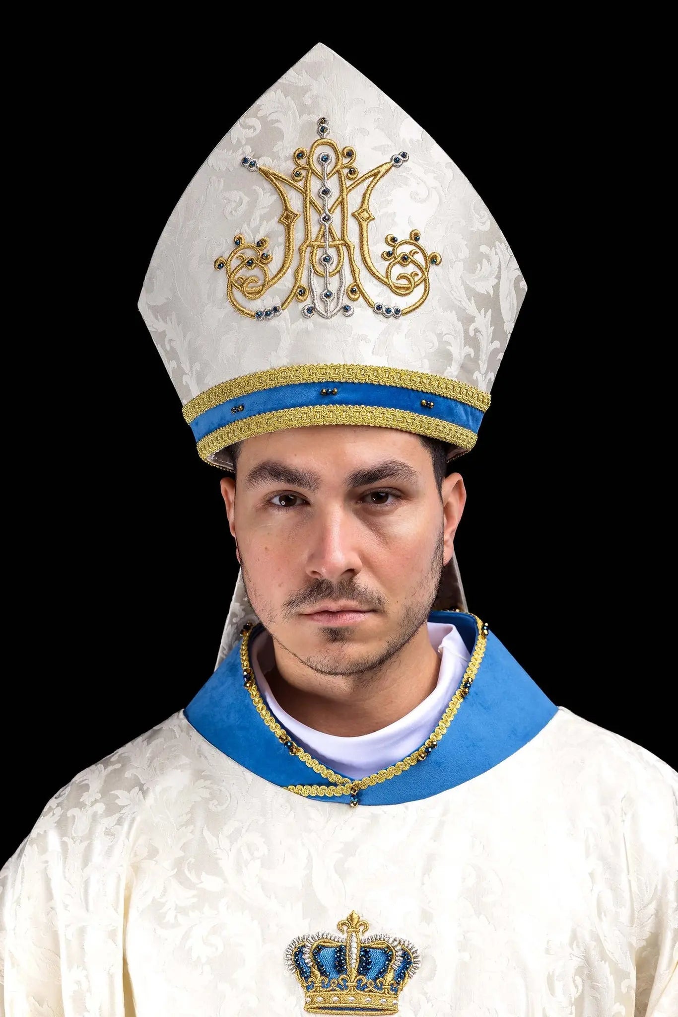 Handmade Marian Bishop’s Mitre in Ecru and Blue with Natural Stones