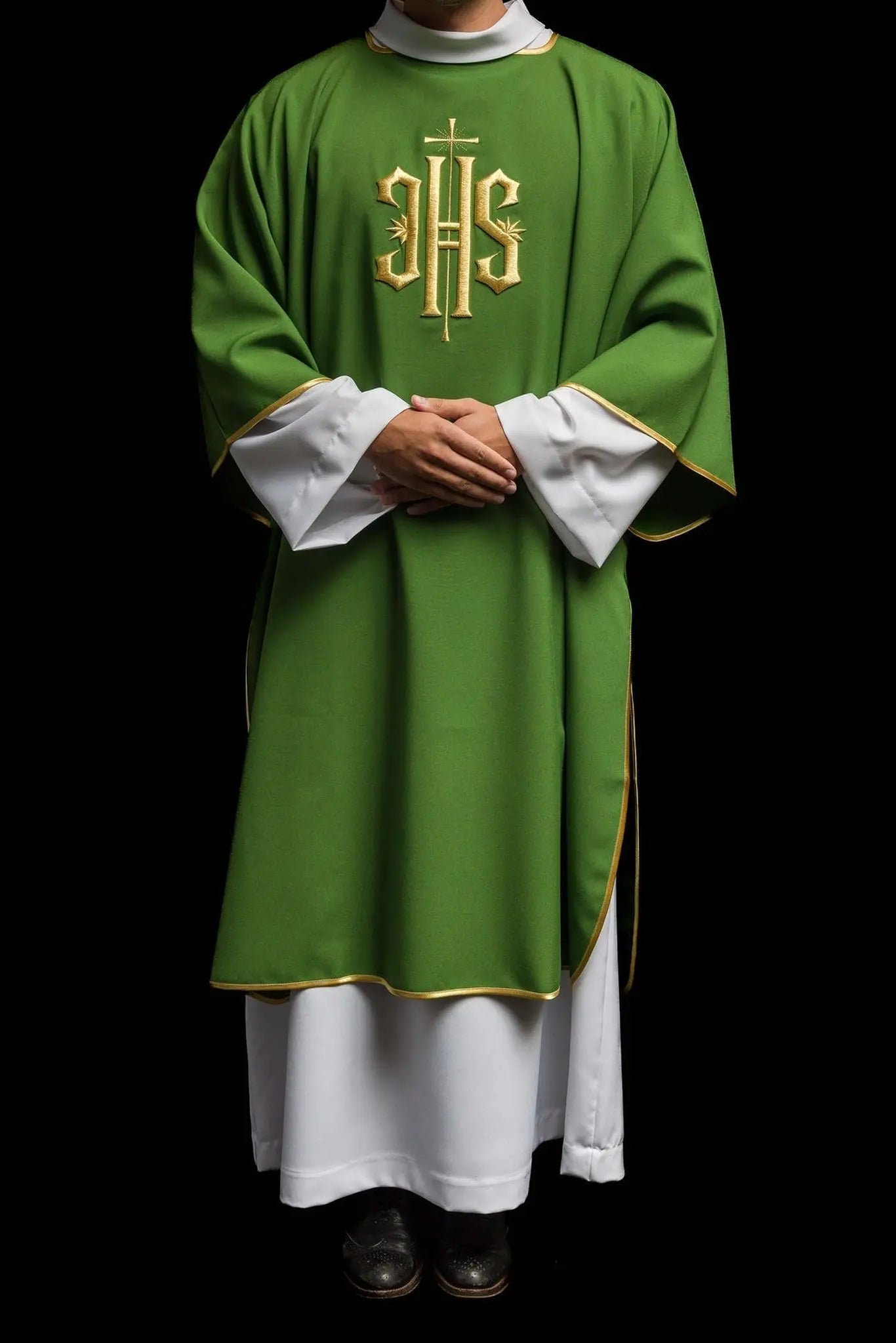 Green Dalmatian with embroidered gold IHS