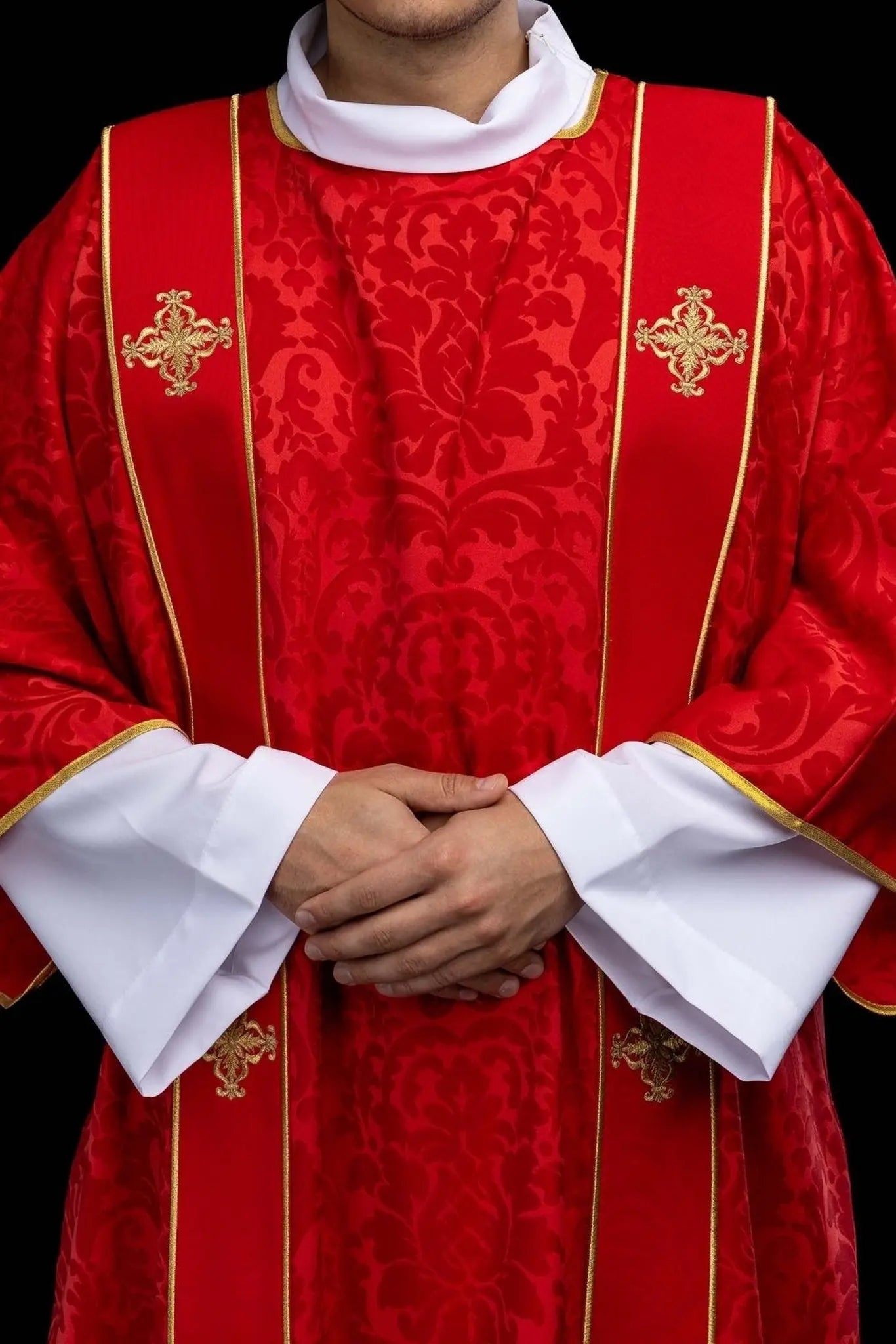 Red Jacquard Dalmatic with Gold Cross Embroidery