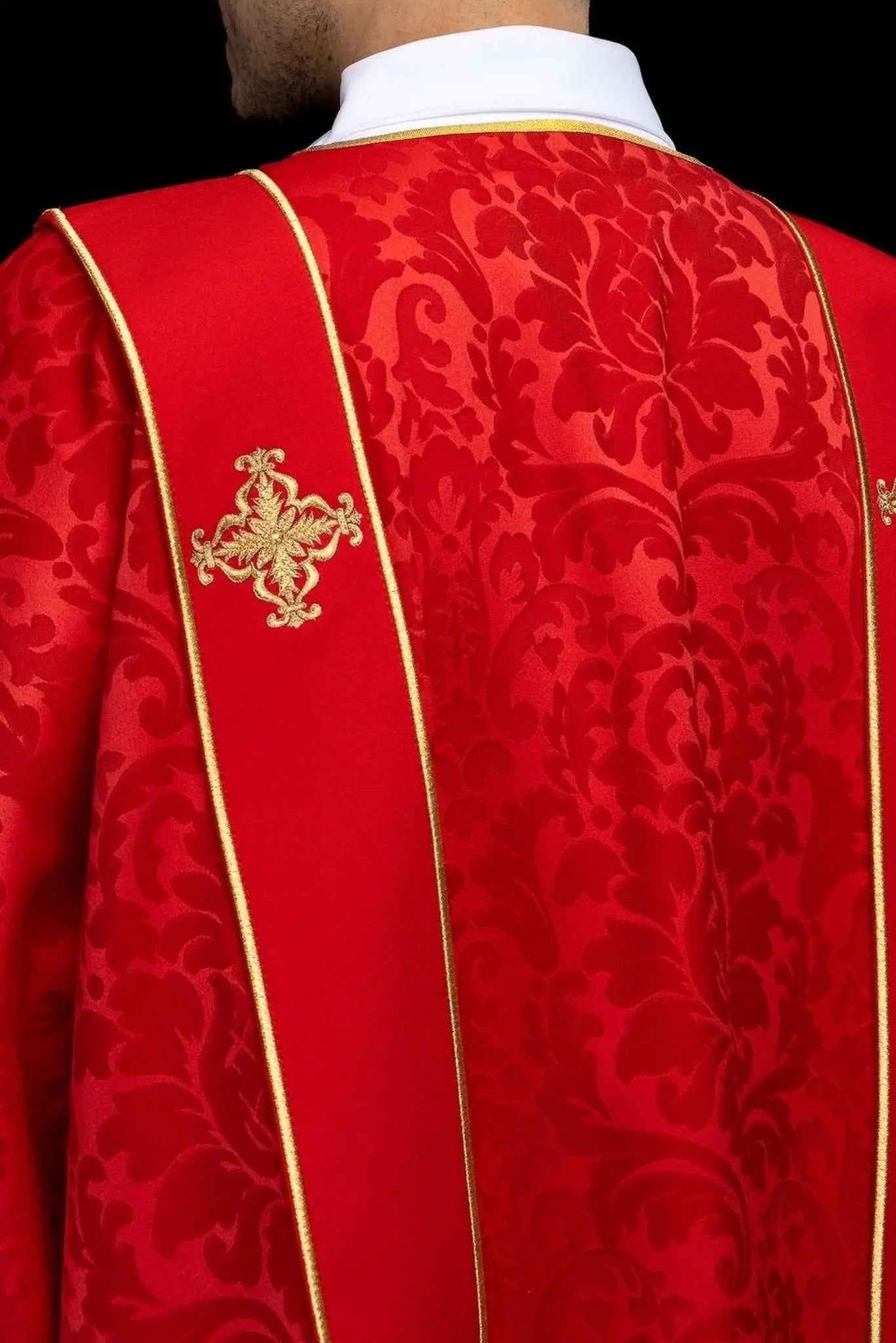 Red Jacquard Dalmatic with Gold Cross Embroidery