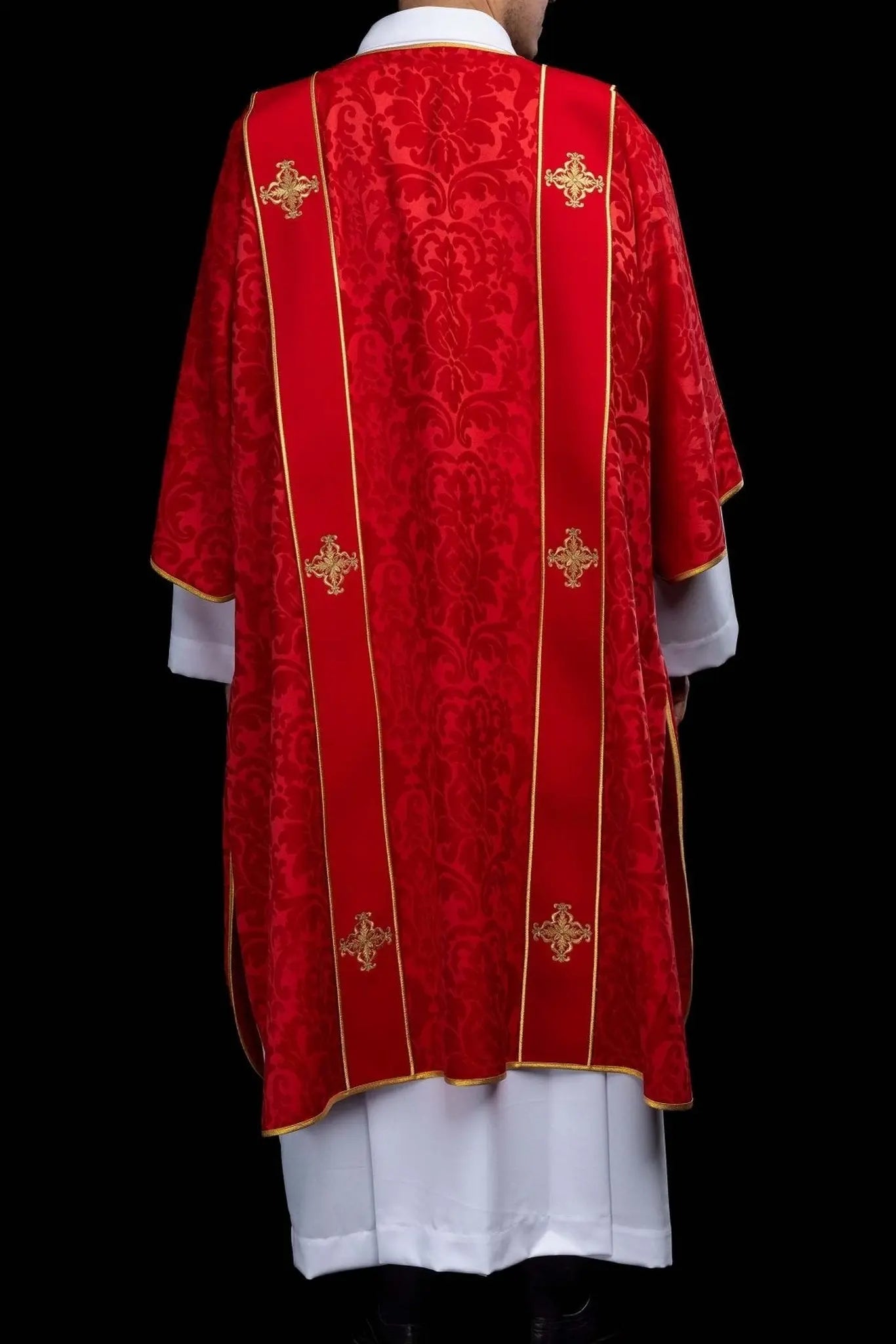 Red Jacquard Dalmatic with Gold Cross Embroidery