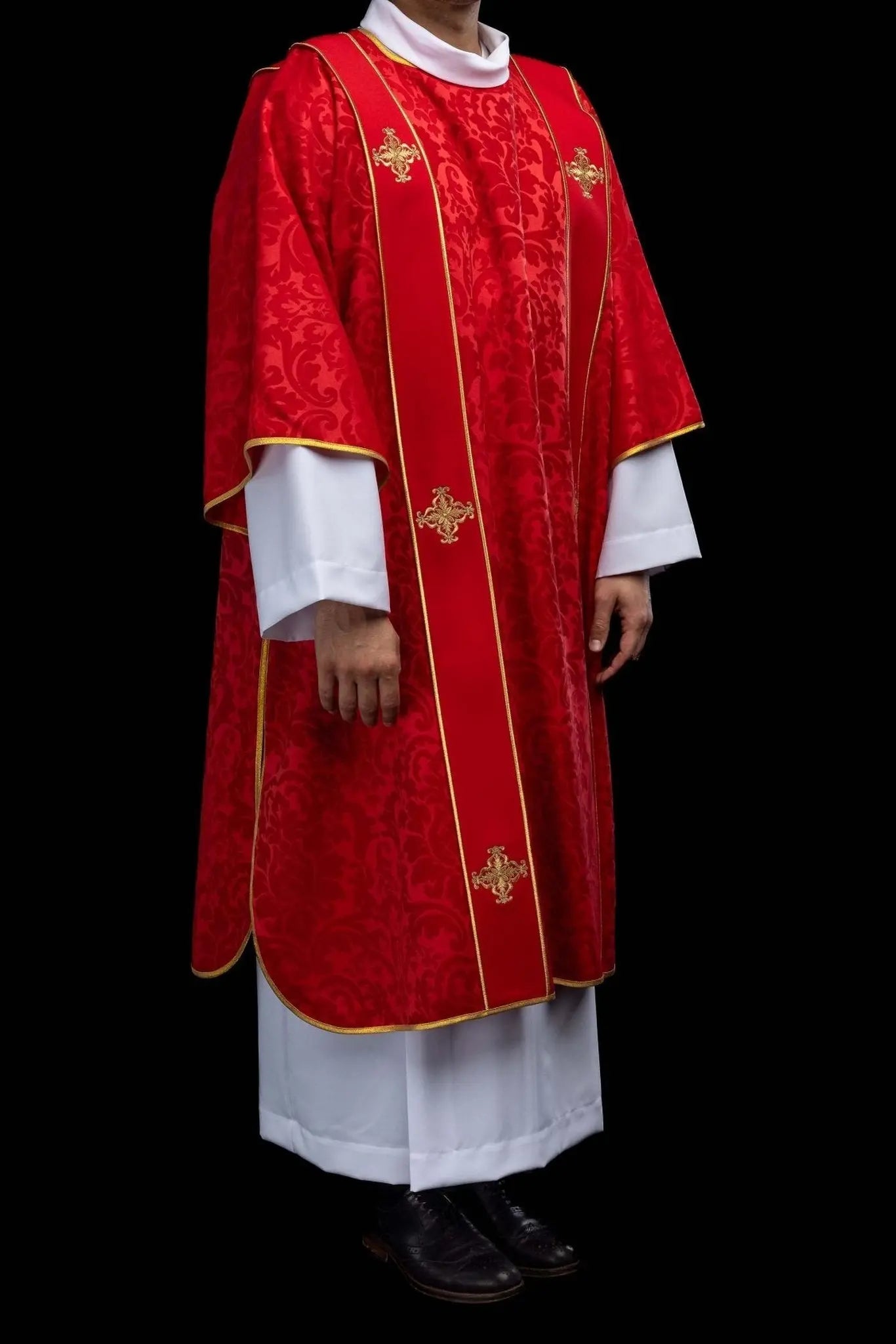 Red Jacquard Dalmatic with Gold Cross Embroidery