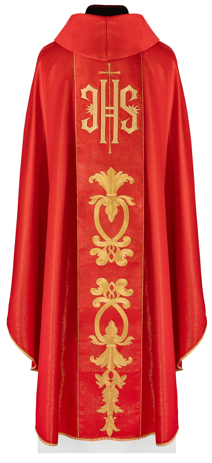 Red chasuble richly decorated with a gold motif and a wide IHS band