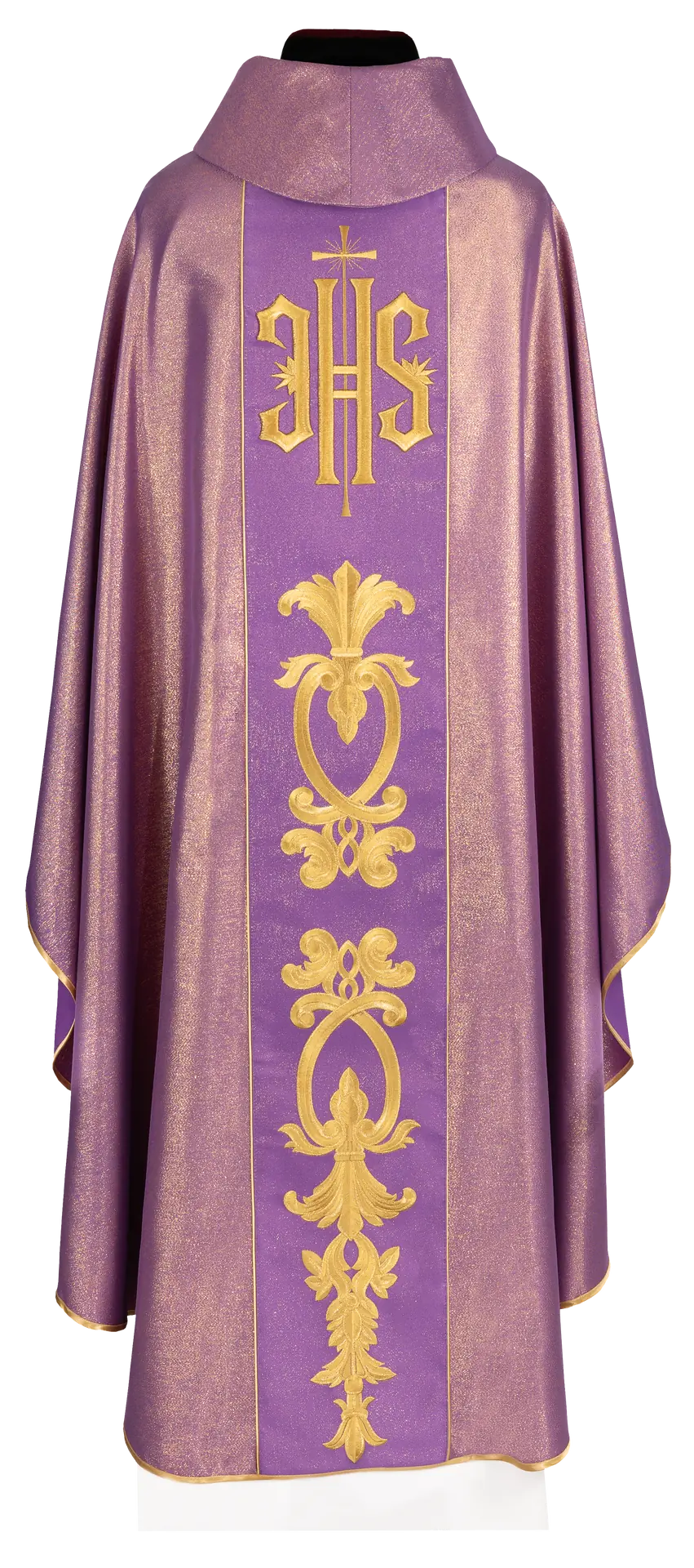 Richly decorated purple chasuble with a gold motif and a wide IHS sash