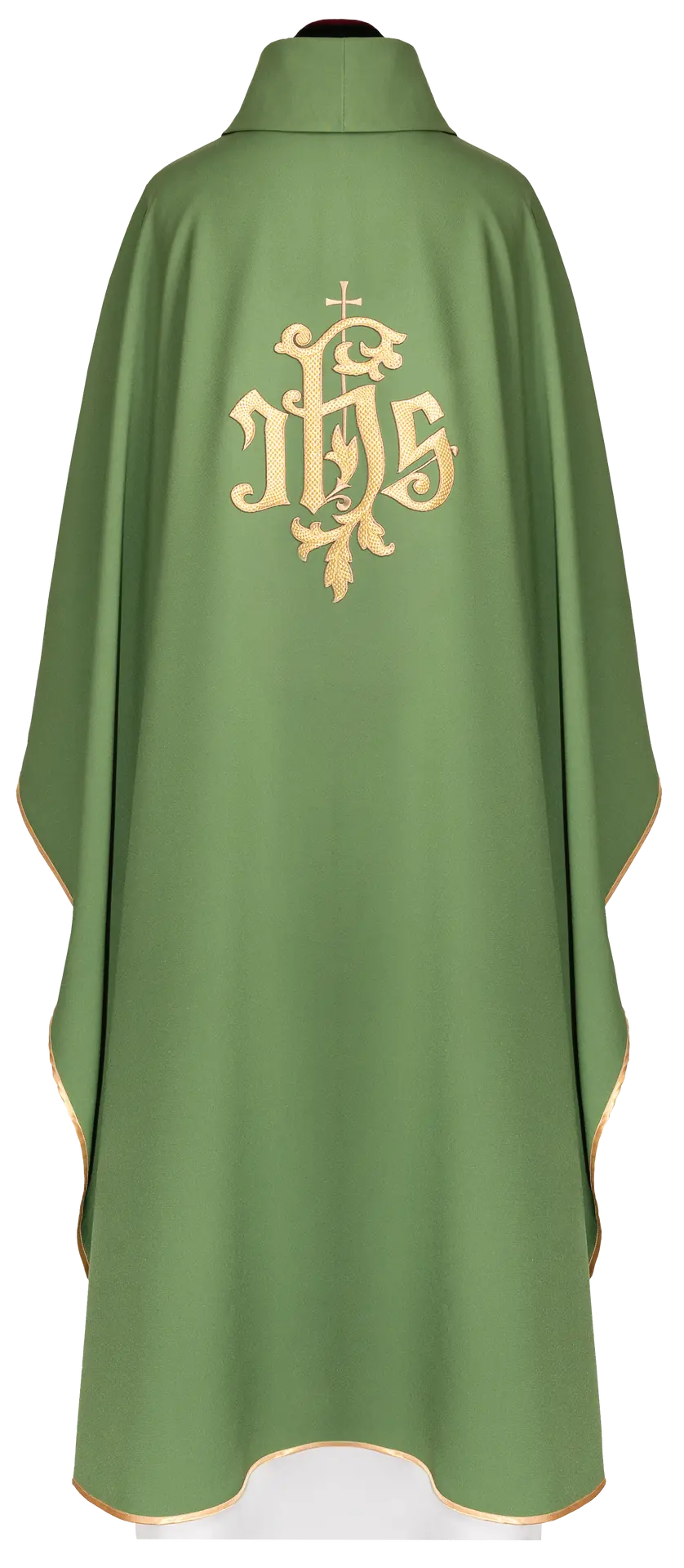 Green chasuble with gold IHS embroidery