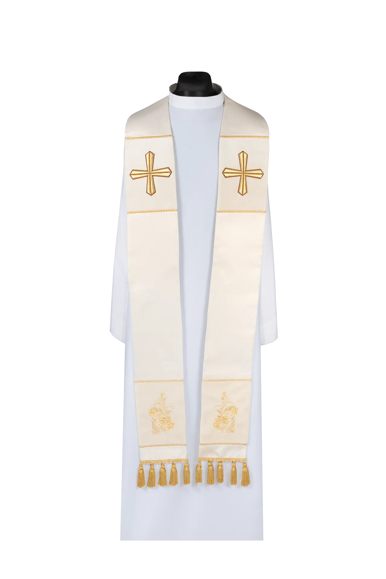 Embroidered priest stole with cross ecru