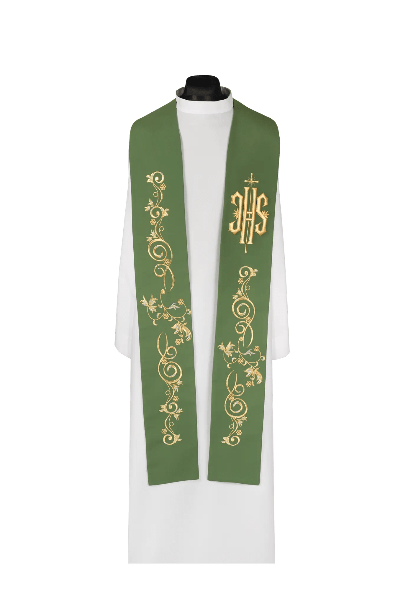 Embroidered priest stole with IHS symbol green