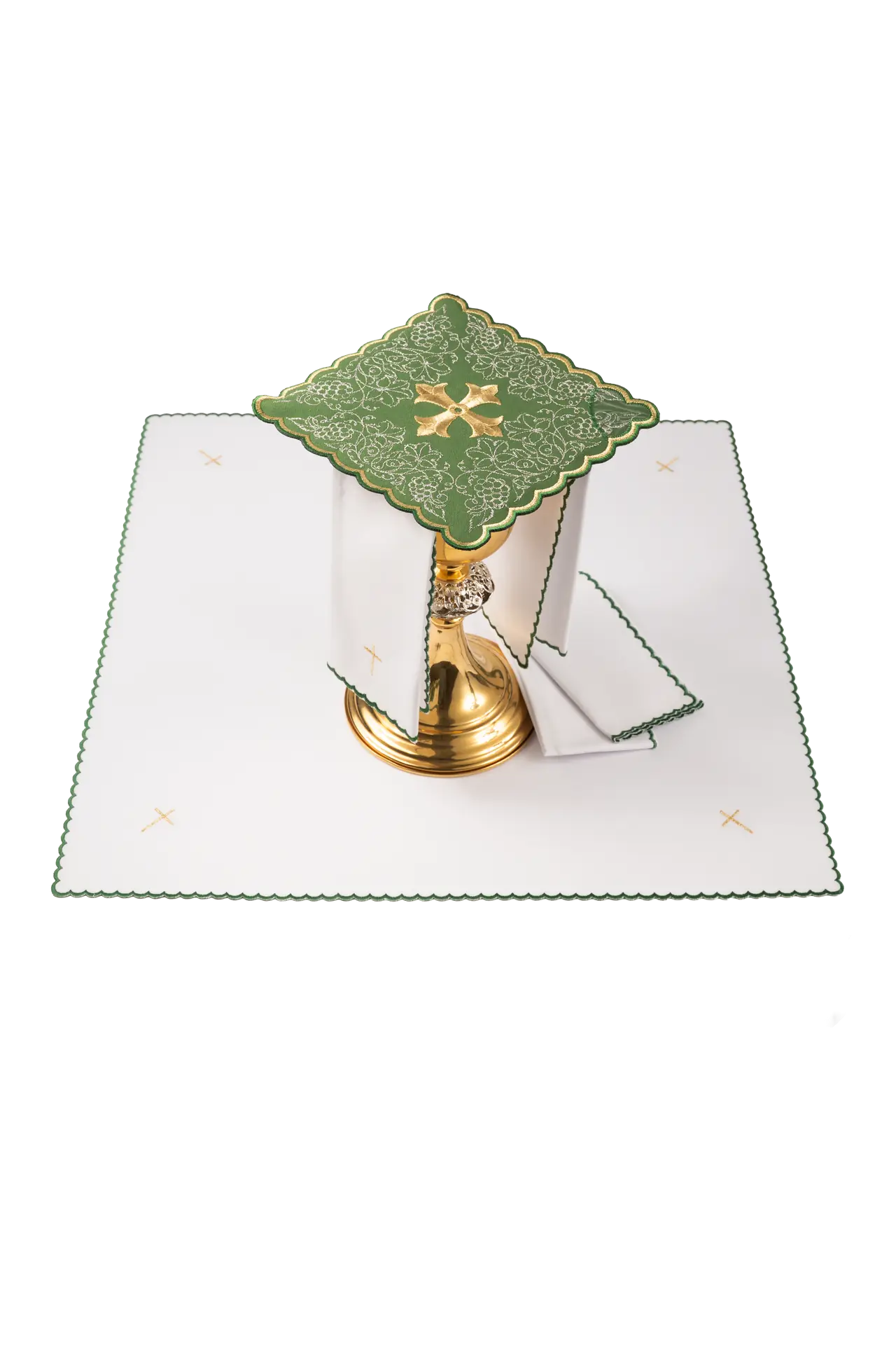 Green embroidered chalice linens set with cross motif