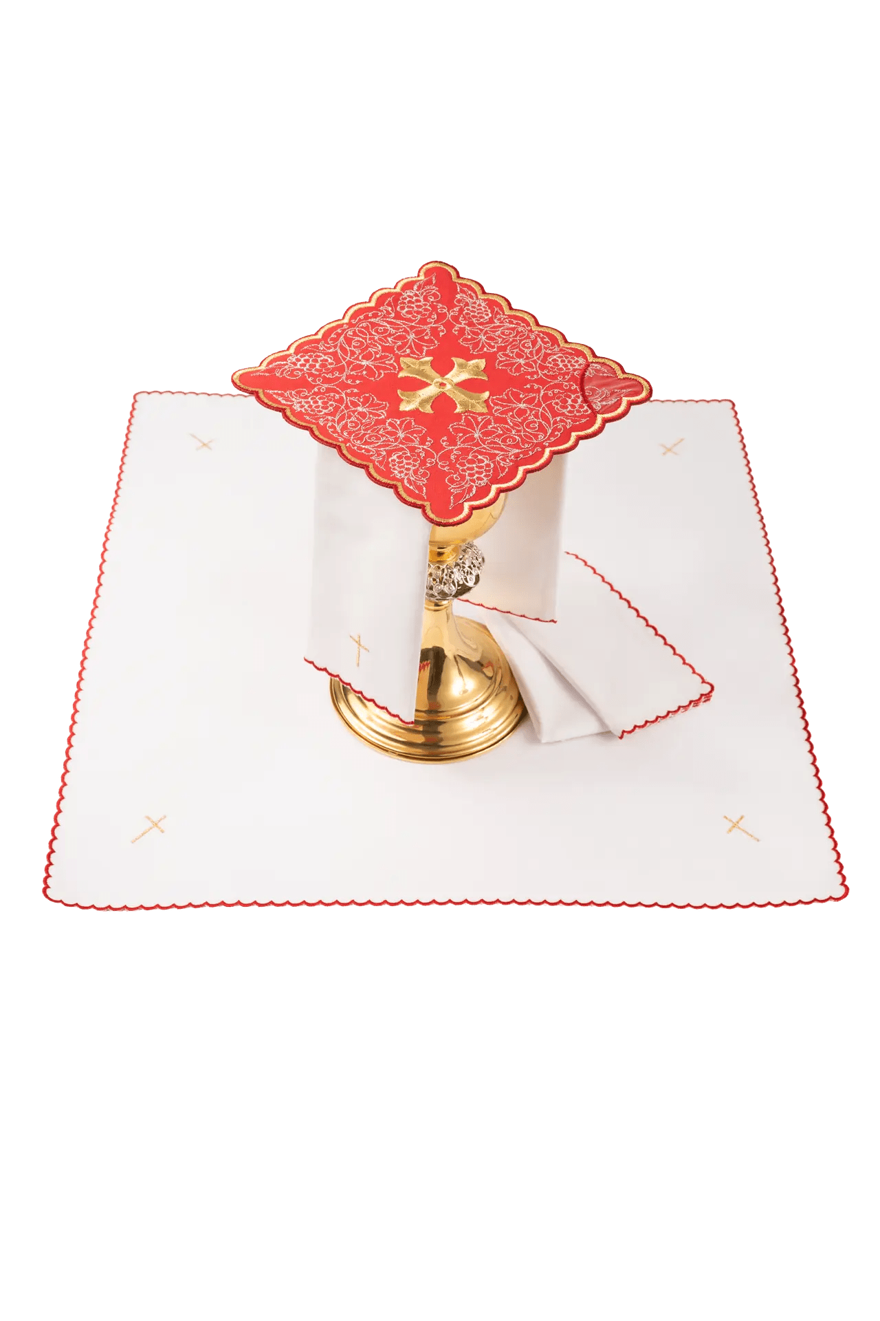 Red embroidered chalice linens set with cross motif