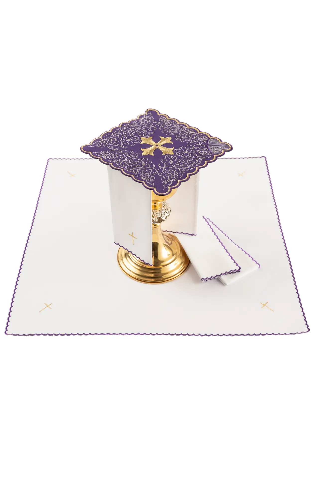 Purple embroidered chalice linens set with cross motif