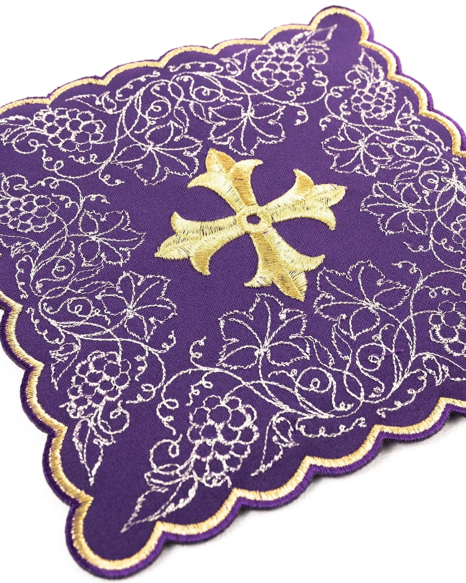 Purple embroidered chalice linens set with cross motif