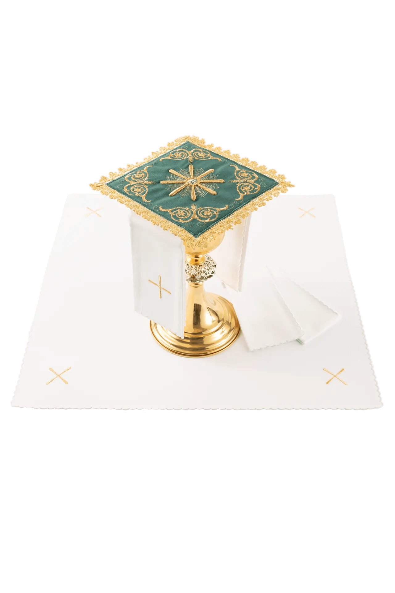Embroidered chalice linens set green velvet