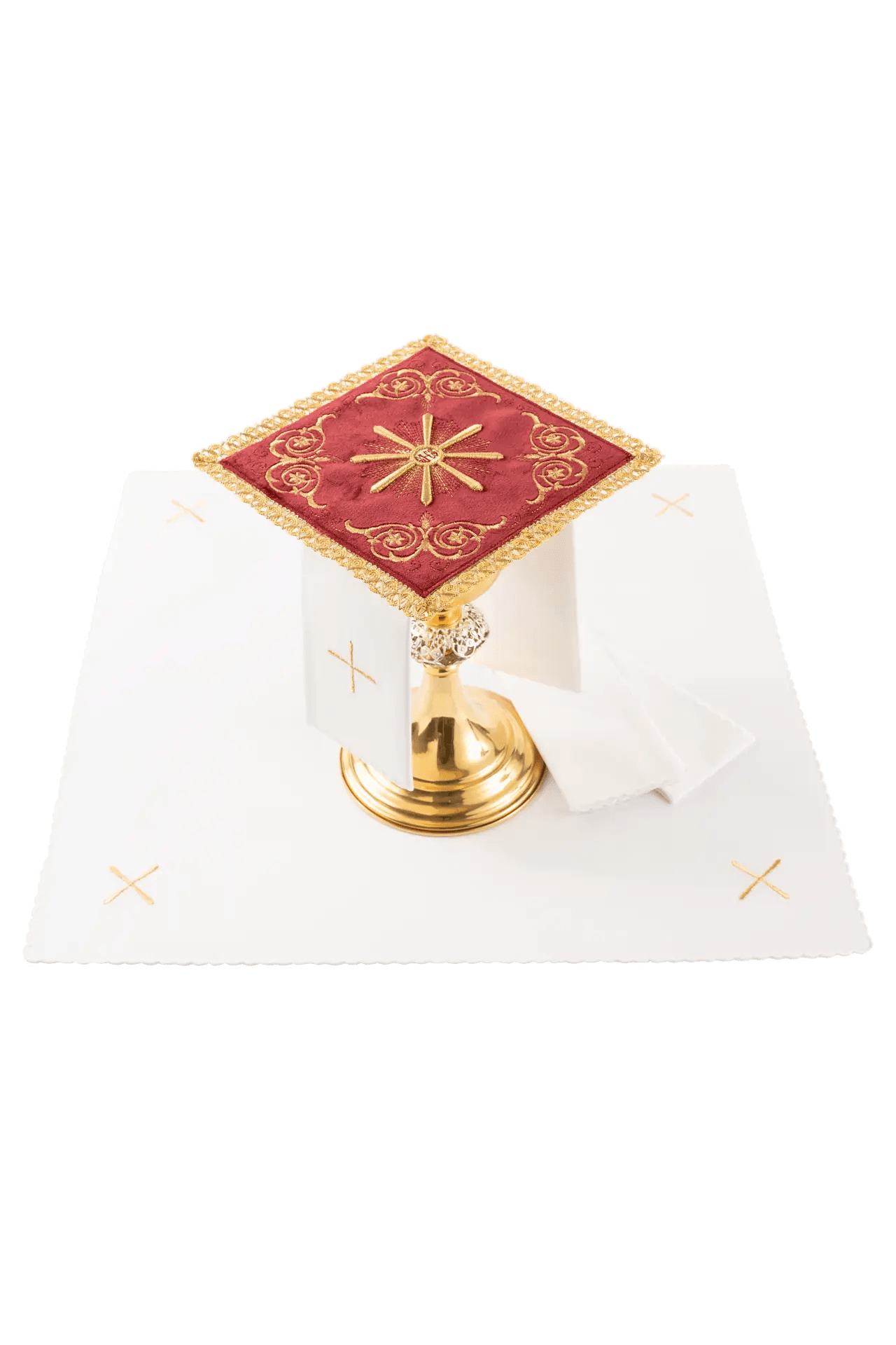 Embroidered chalice linens set red velvet