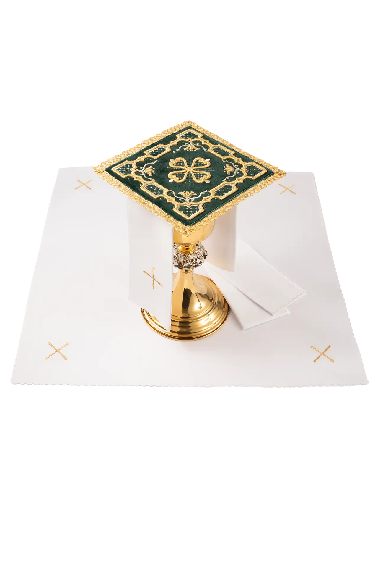 Embroidered chalice linens set green velvet