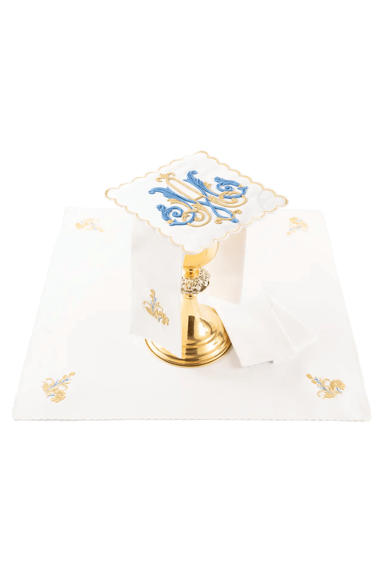 Liturgical chalice linens set with embroidered Marian motif