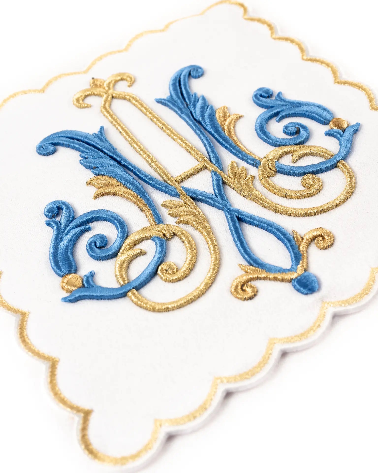 Liturgical chalice linens set with embroidered Marian motif