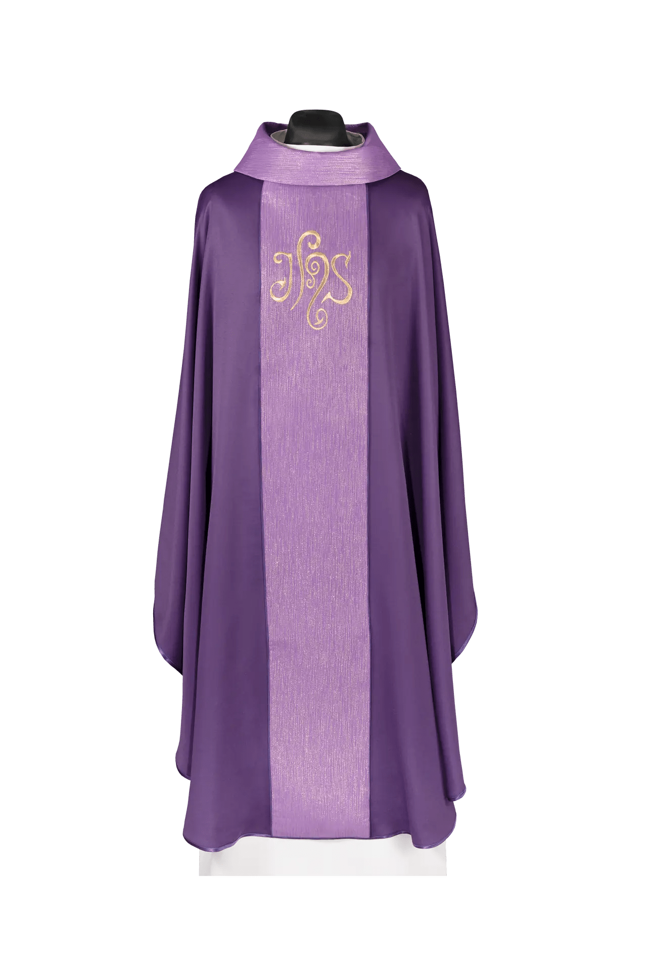 Purple chasuble decorated with a band and IHS embroidery