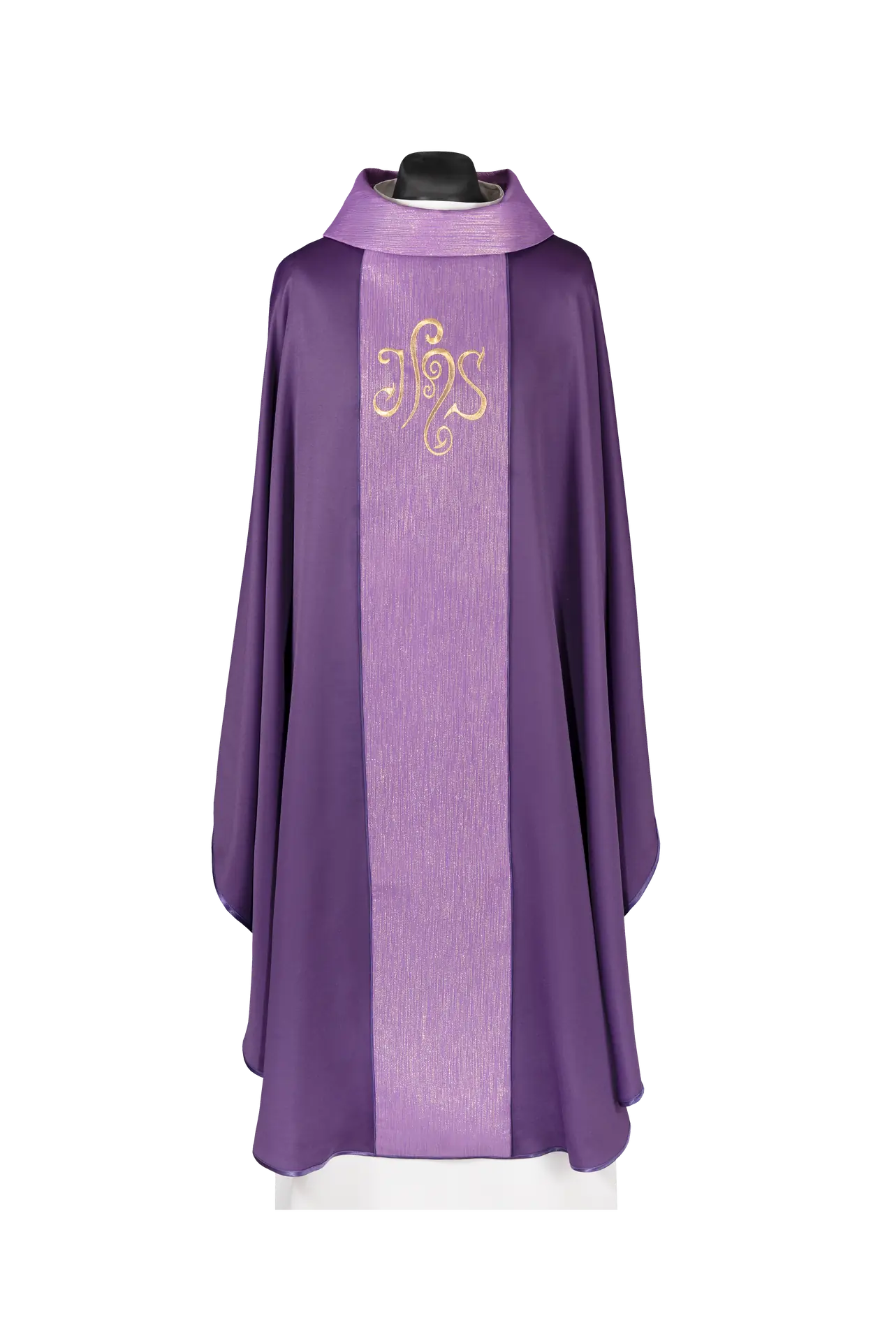 Purple chasuble decorated with a band and IHS embroidery