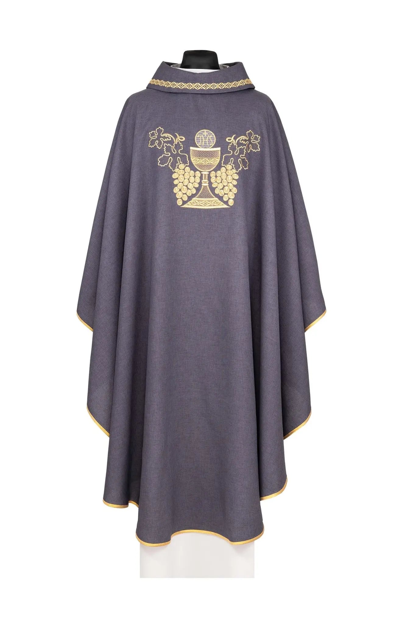 Embroidered purple chasuble with a chalice and grapes