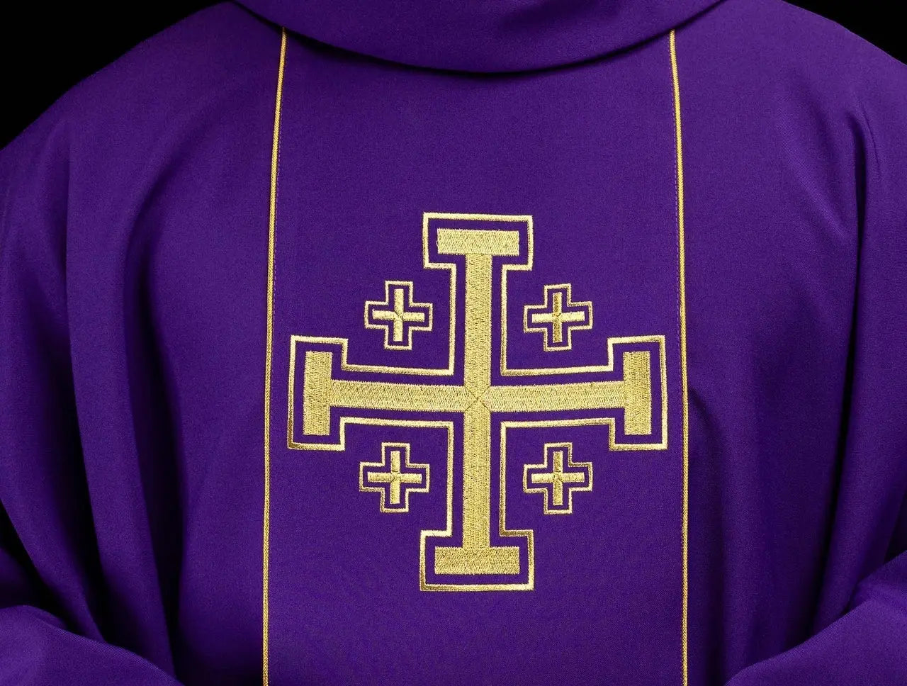 Purple embroidered chasuble with band and Jerusalem crosses