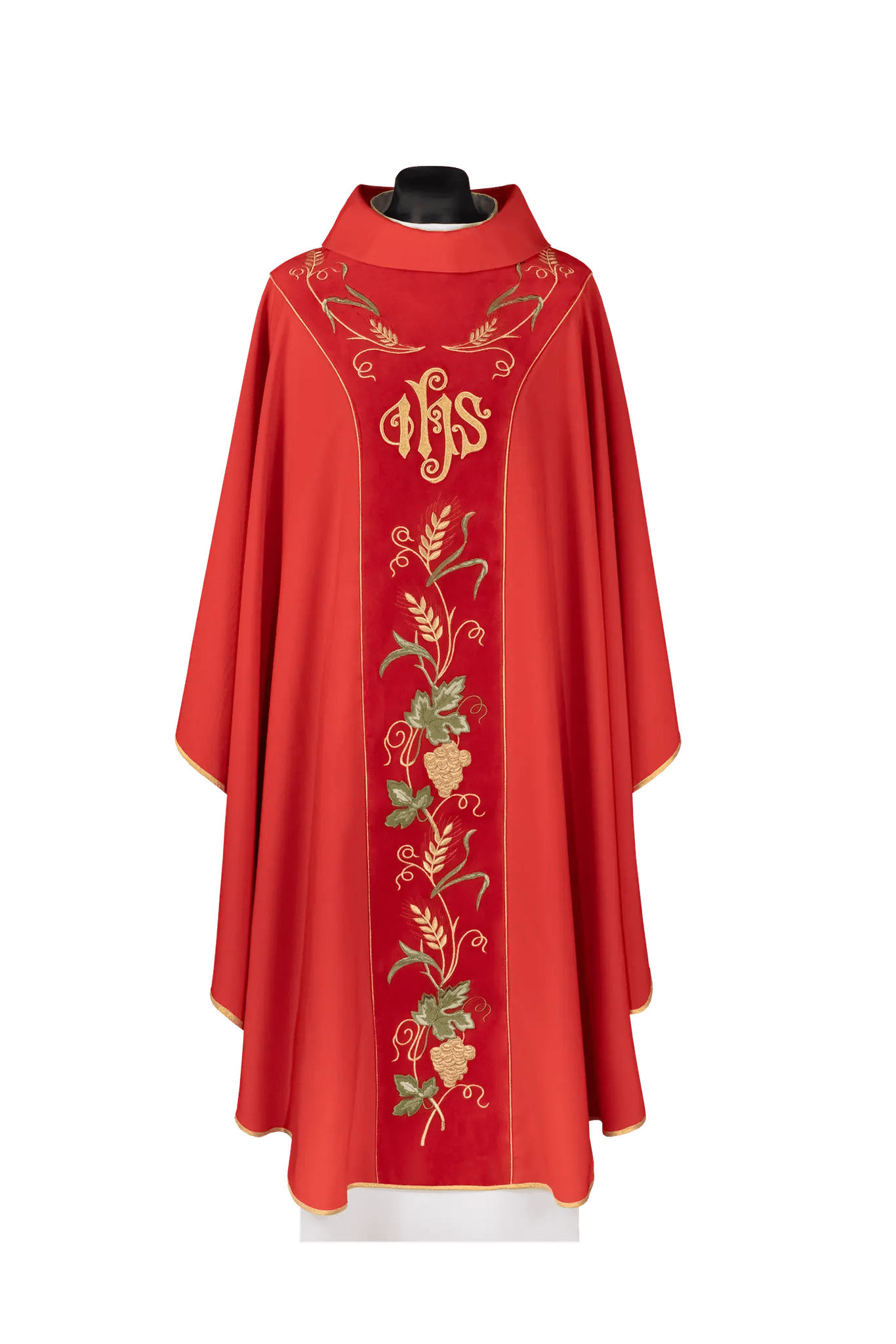 Chasuble with a velvet red band and IHS embroidery