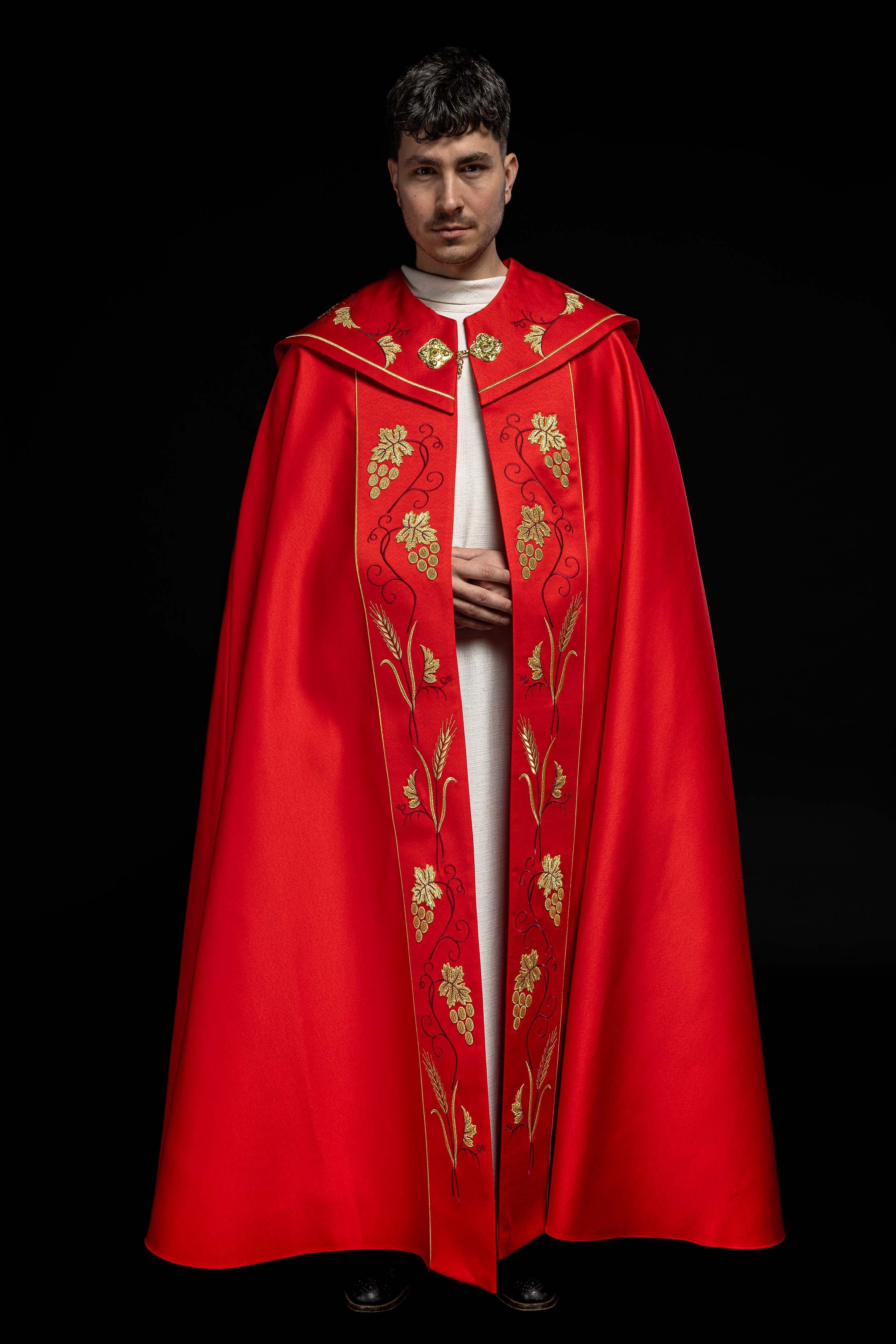 Red liturgical chapel with gold IHS and grape embroidery