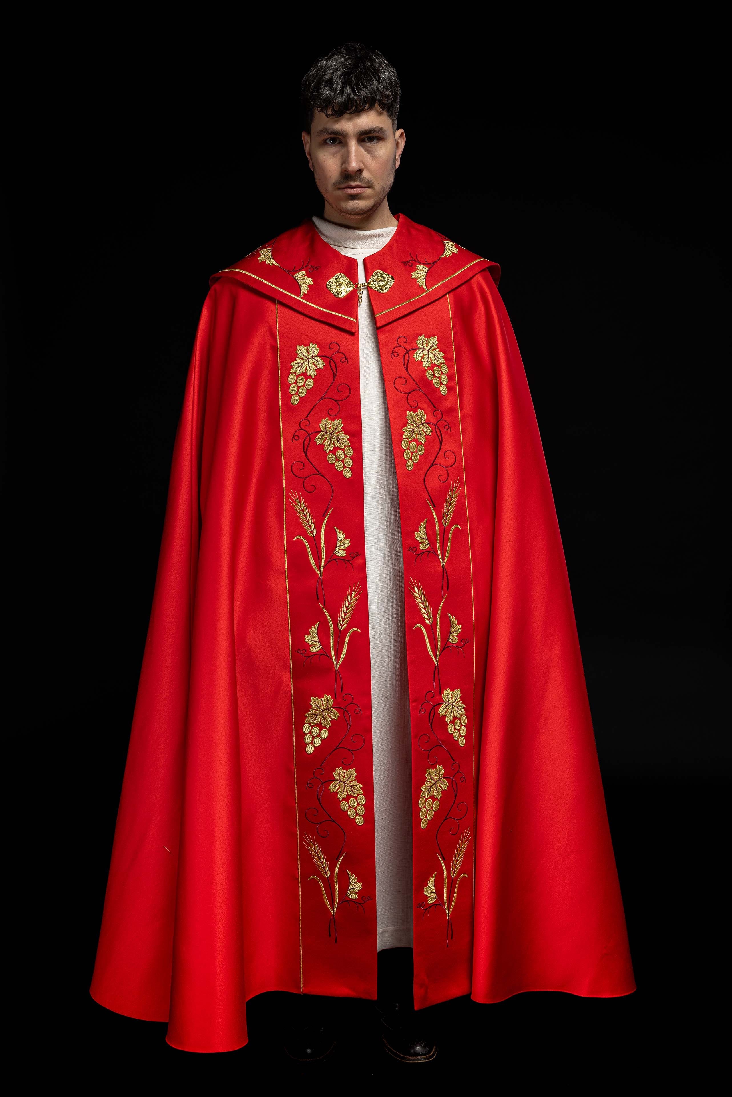 Red liturgical chapel with gold IHS and grape embroidery