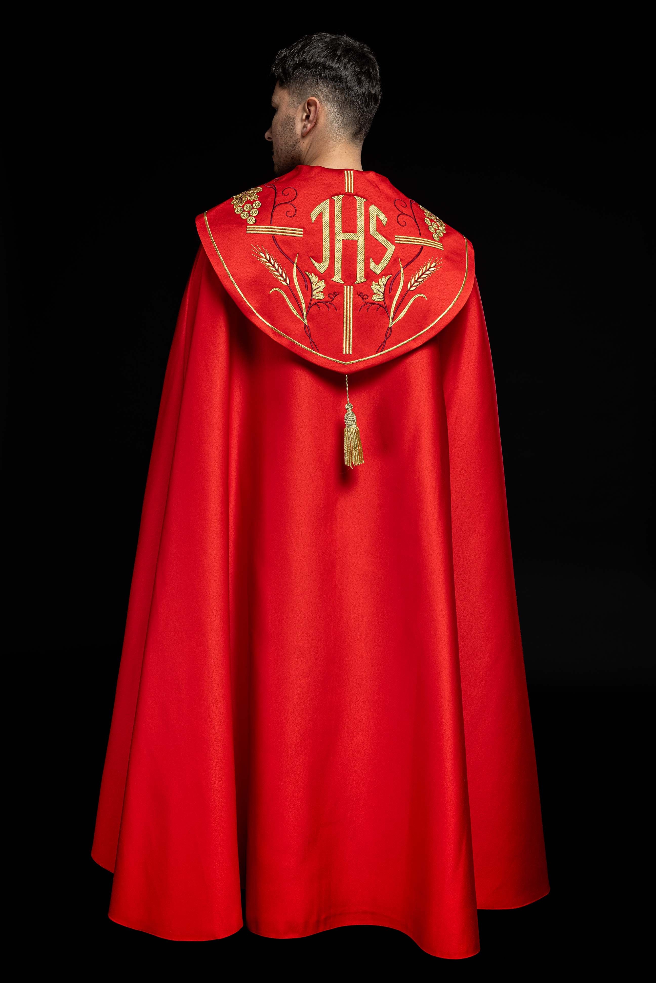 Red liturgical chapel with gold IHS and grape embroidery