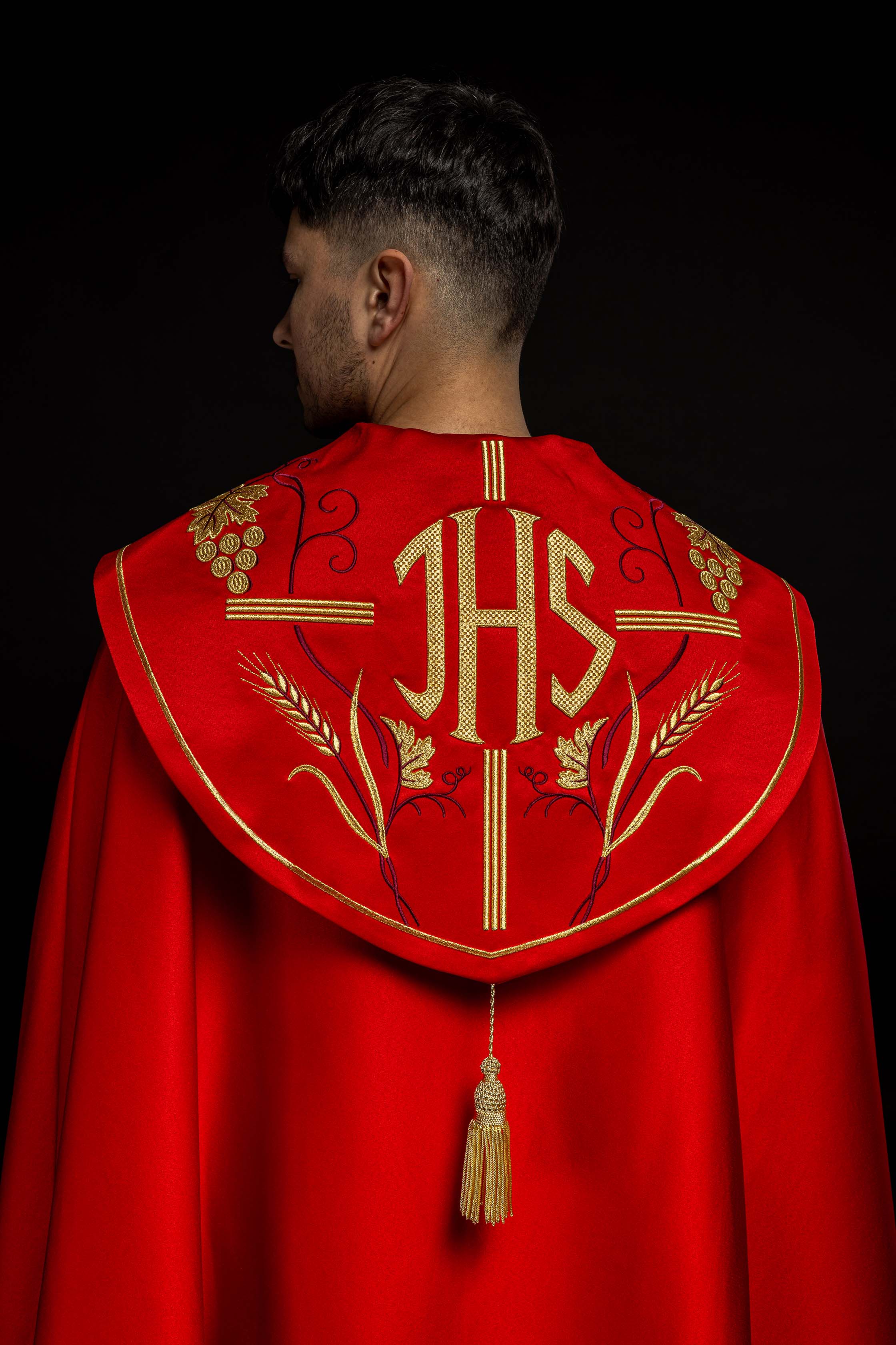 Red liturgical chapel with gold IHS and grape embroidery