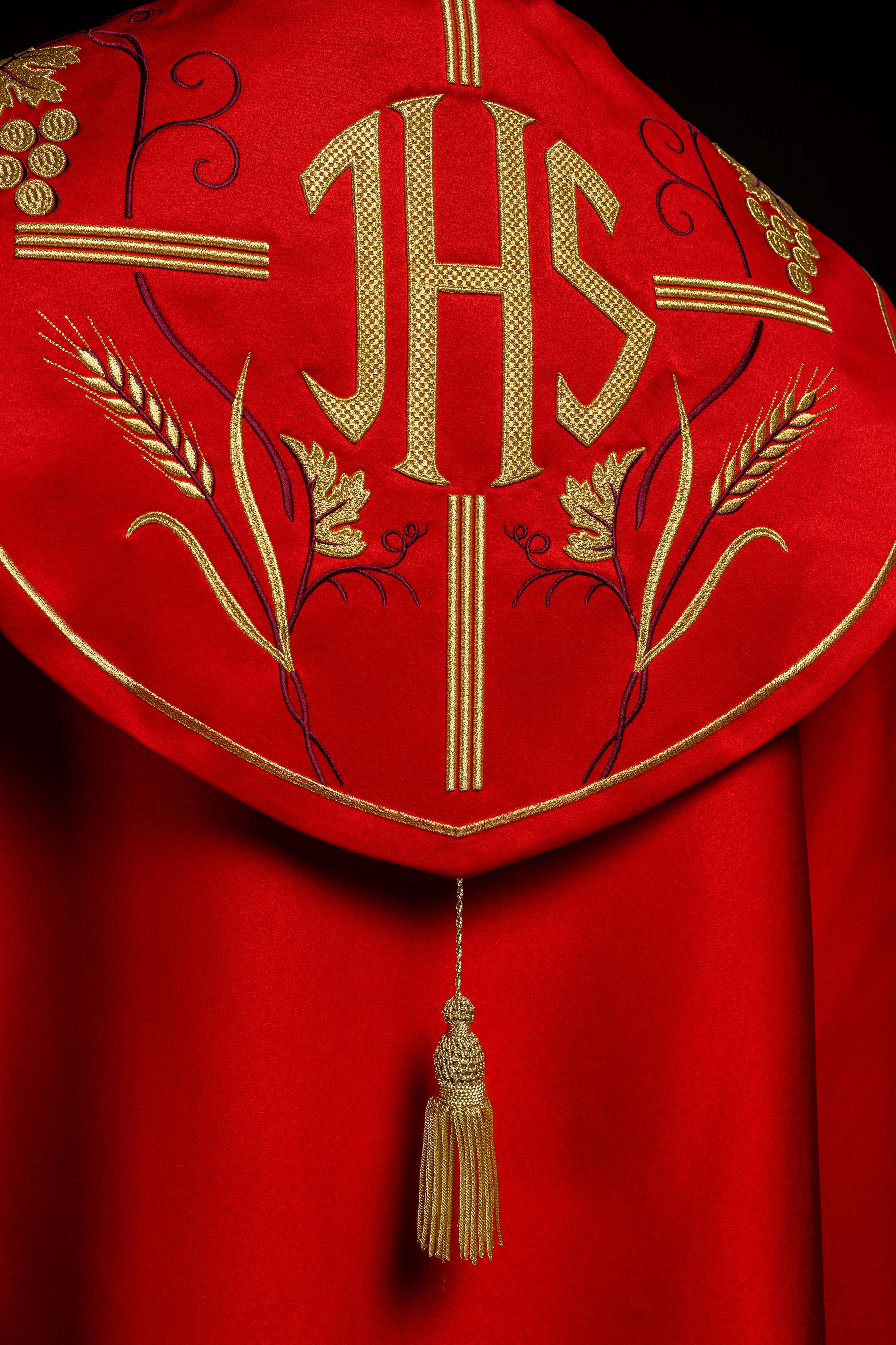 Red liturgical chapel with gold IHS and grape embroidery