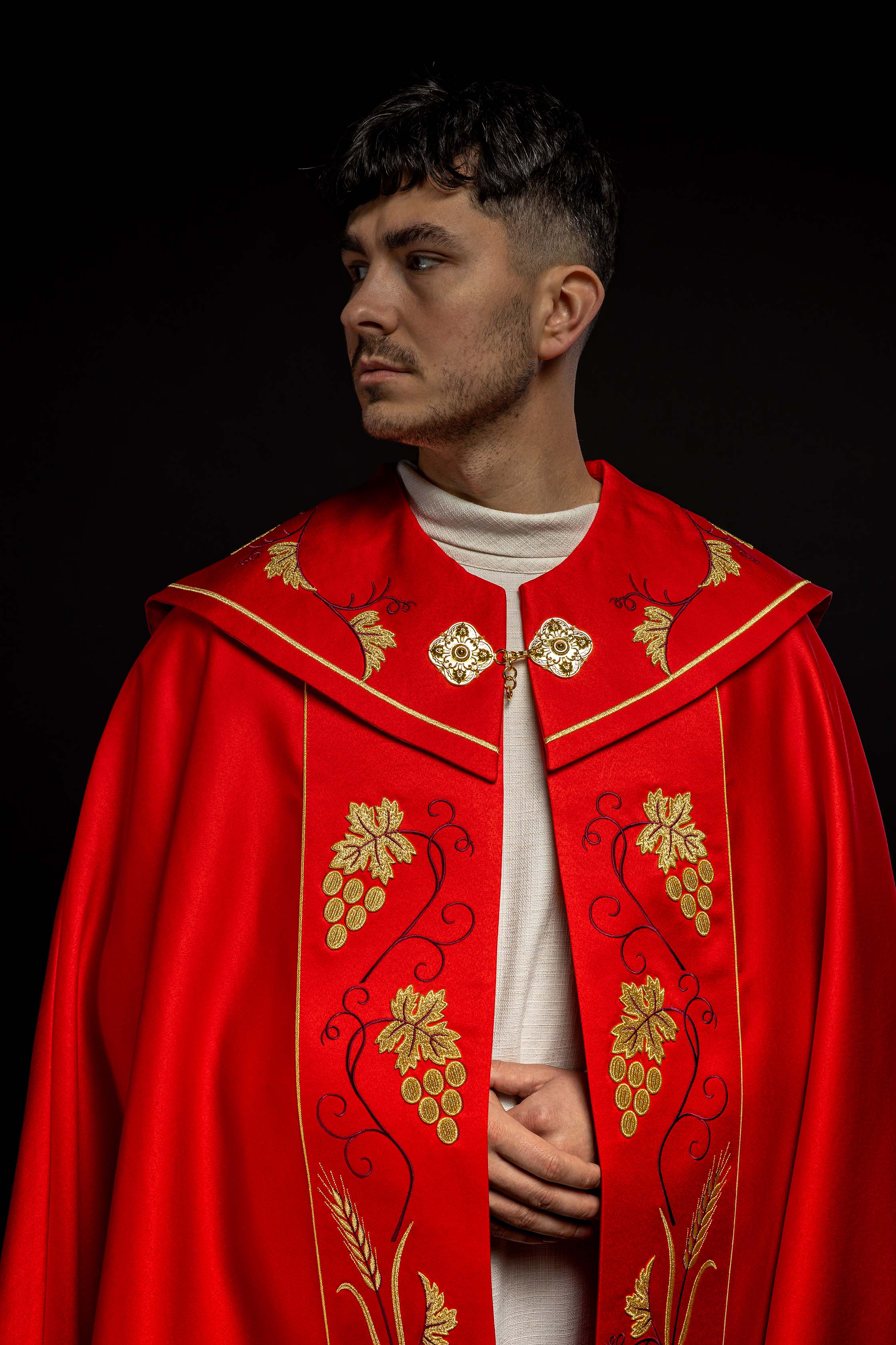 Red liturgical chapel with gold IHS and grape embroidery