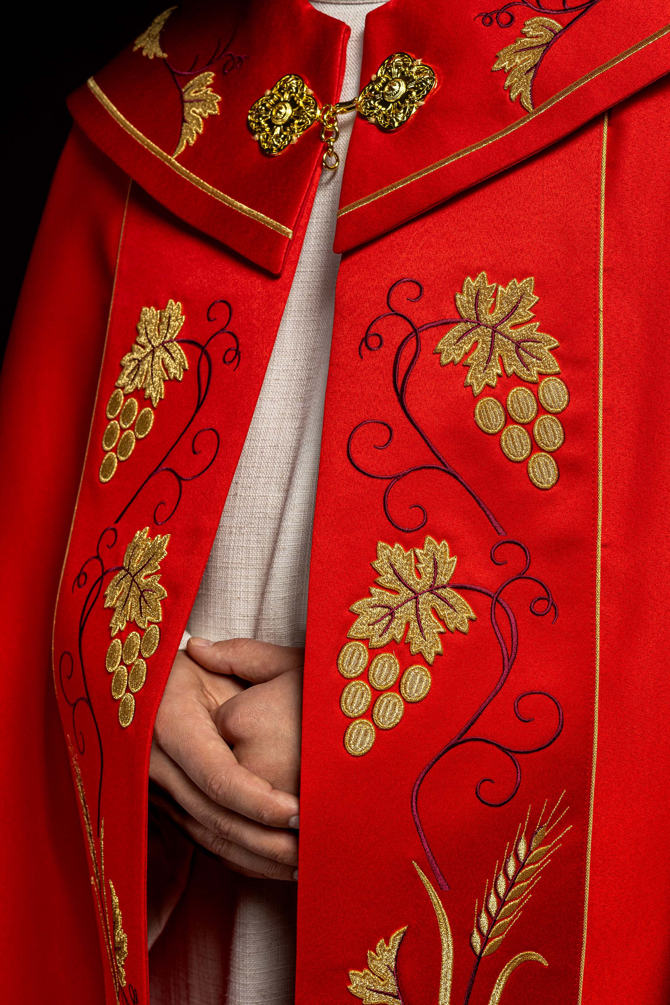 Red liturgical chapel with gold IHS and grape embroidery