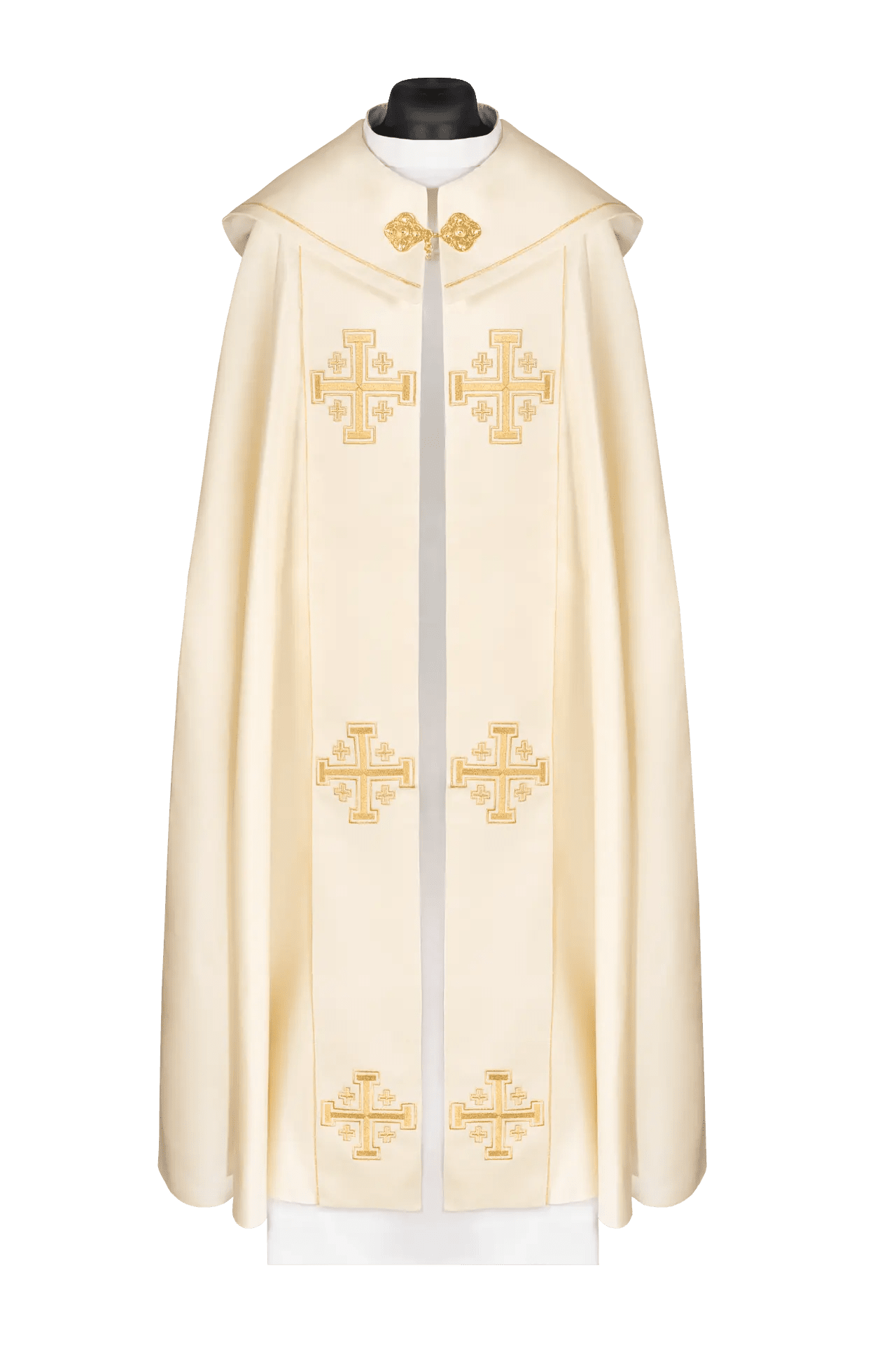 Ecru liturgical cope with orphrey and embroidered crosses