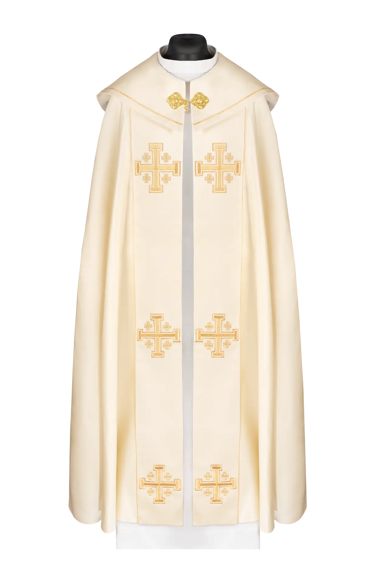 Ecru liturgical cope with orphrey and embroidered crosses