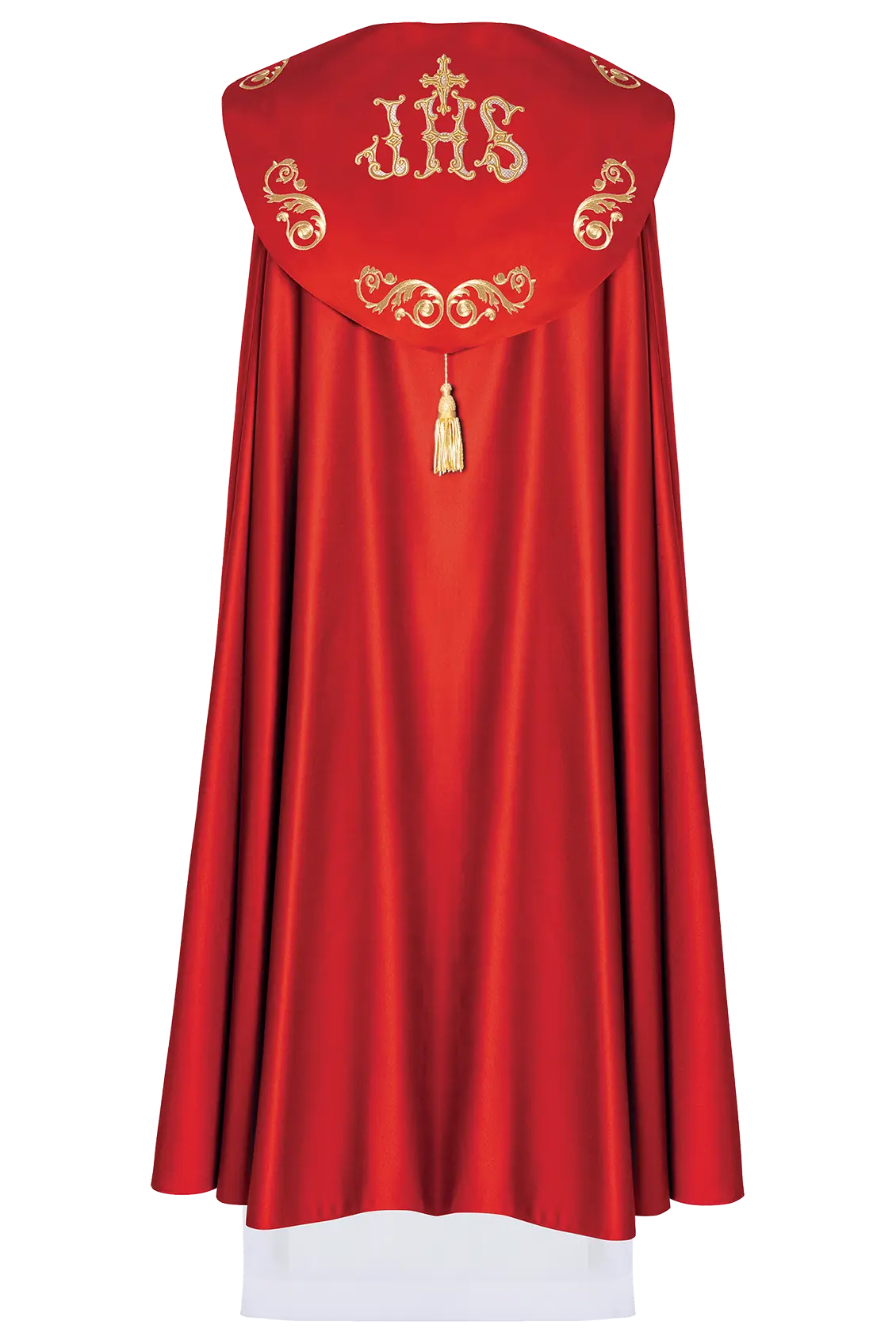 Red liturgical cape with gold monogram