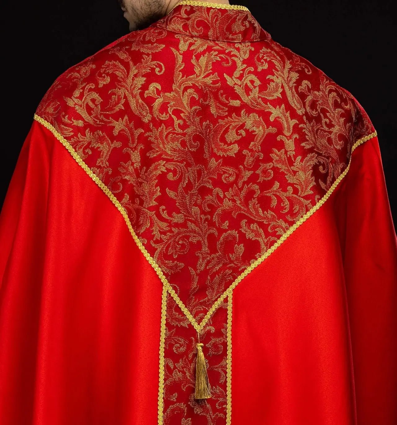 Red Liturgical Cope with Gold Jacquard Ornament